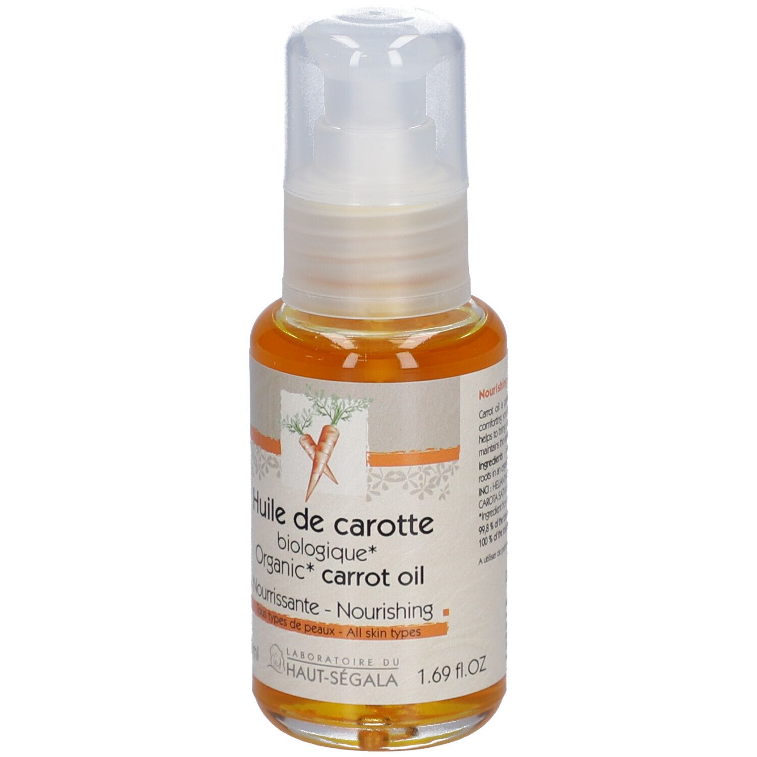 Huile de carotte biologique, Laboratoire du Haut-Ségala. Flacon pompe. Inscription: Nourrissante, Tous types de peau, Organic carrot oil.