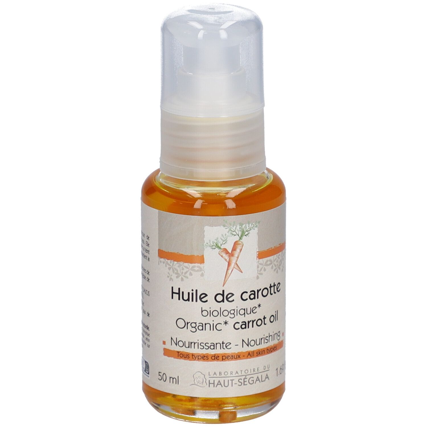 Huile de carotte biologique, Laboratoire du Haut-Ségala. Flacon pompe. Inscription: Nourrissante, Tous types de peau, Organic carrot oil.