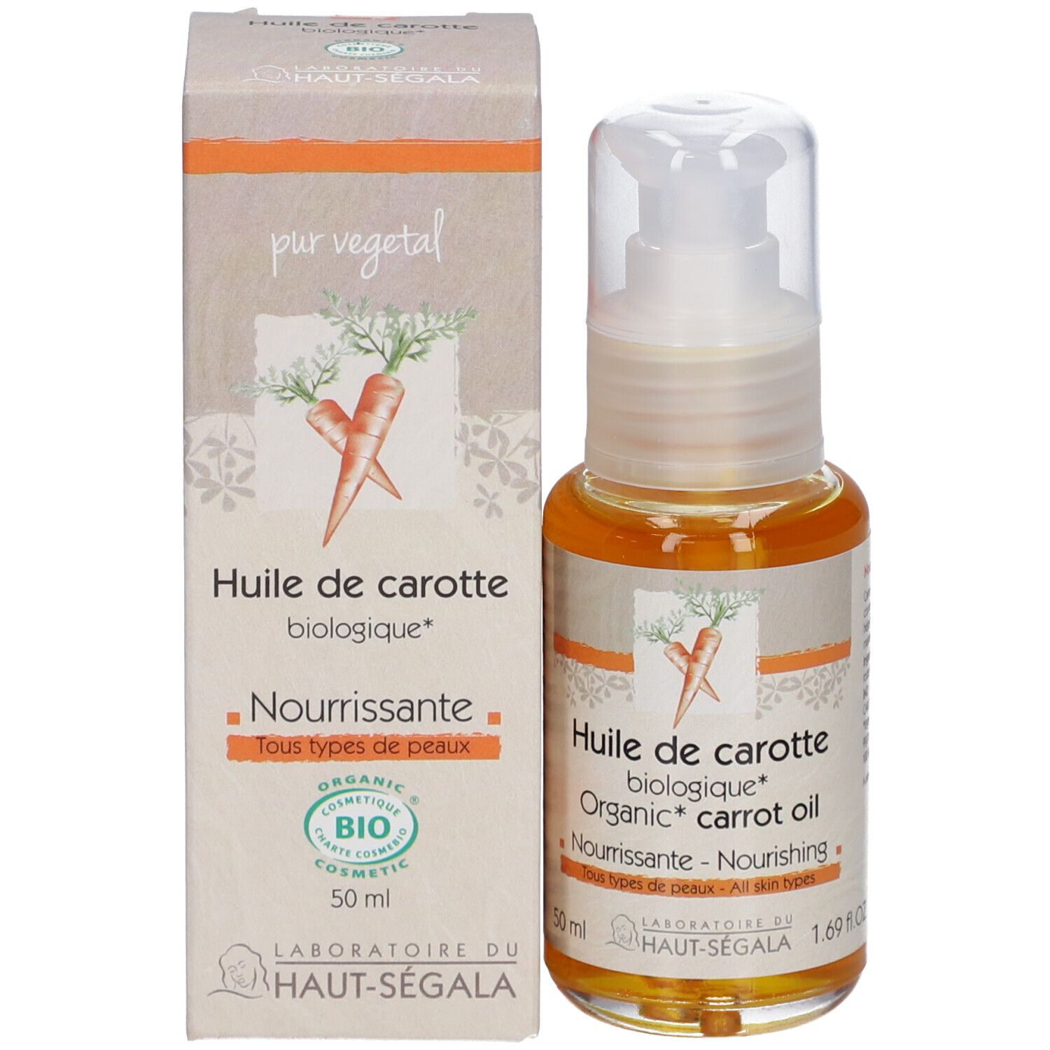 Huile de carotte biologique, Laboratoire du Haut-Ségala. Flacon et boîte. Inscription: Nourrissante, Tous types de peau.