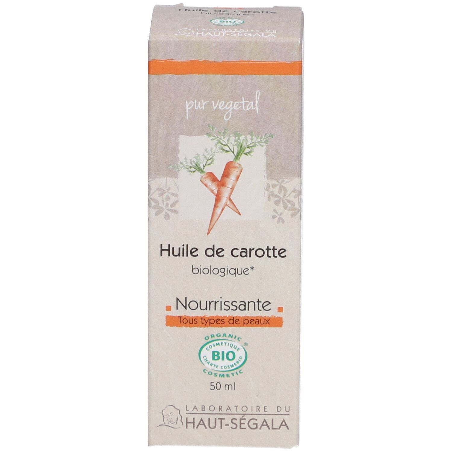 Huile de carotte biologique, Laboratoire du Haut-Ségala. Boîte. Inscription: Nourrissante, Tous types de peau.