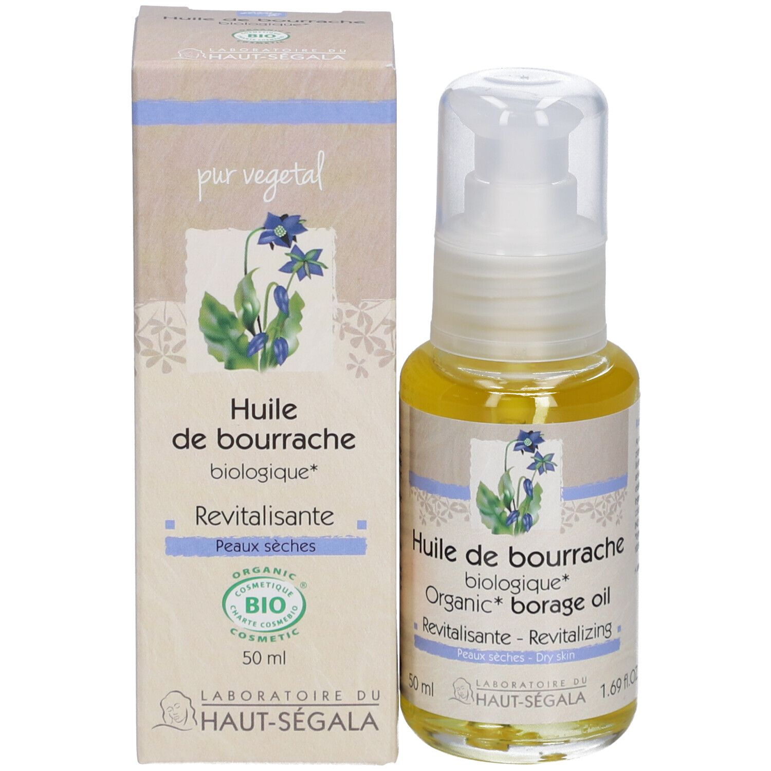 Flacon d'huile et carton. Inscription: Huile de bourrache biologique, Organic borage oil, Revitalisante, Peaux sèches. Certification BIO.