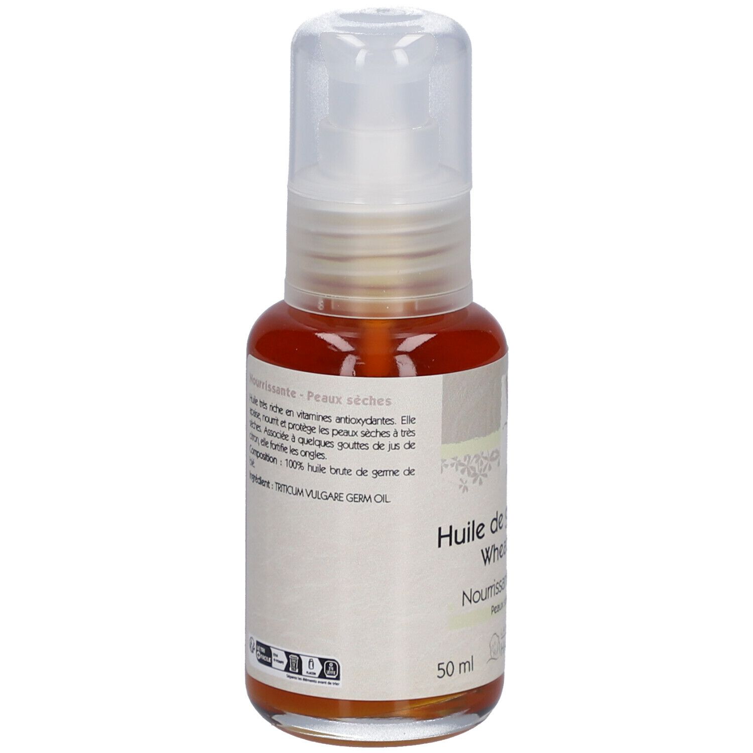Fles tarwekiemolie met pomp. Opschrift: Huile de germe de blé, Wheat germ oil, Nourrissante, Peaux sèches. Laboratoire du Haut-Ségala.