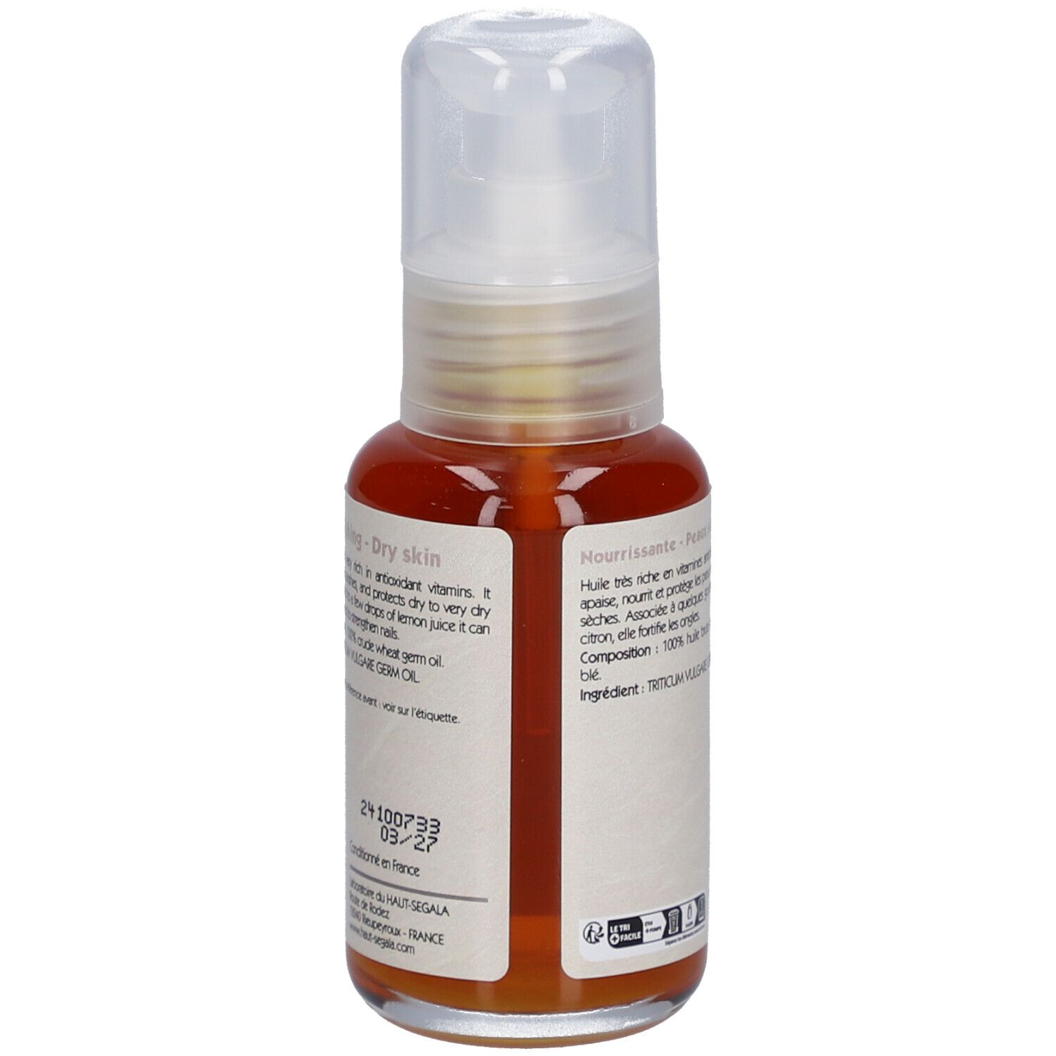 Fles tarwekiemolie met pomp. Opschrift: Huile de germe de blé, Wheat germ oil, Nourrissante, Peaux sèches. Laboratoire du Haut-Ségala.