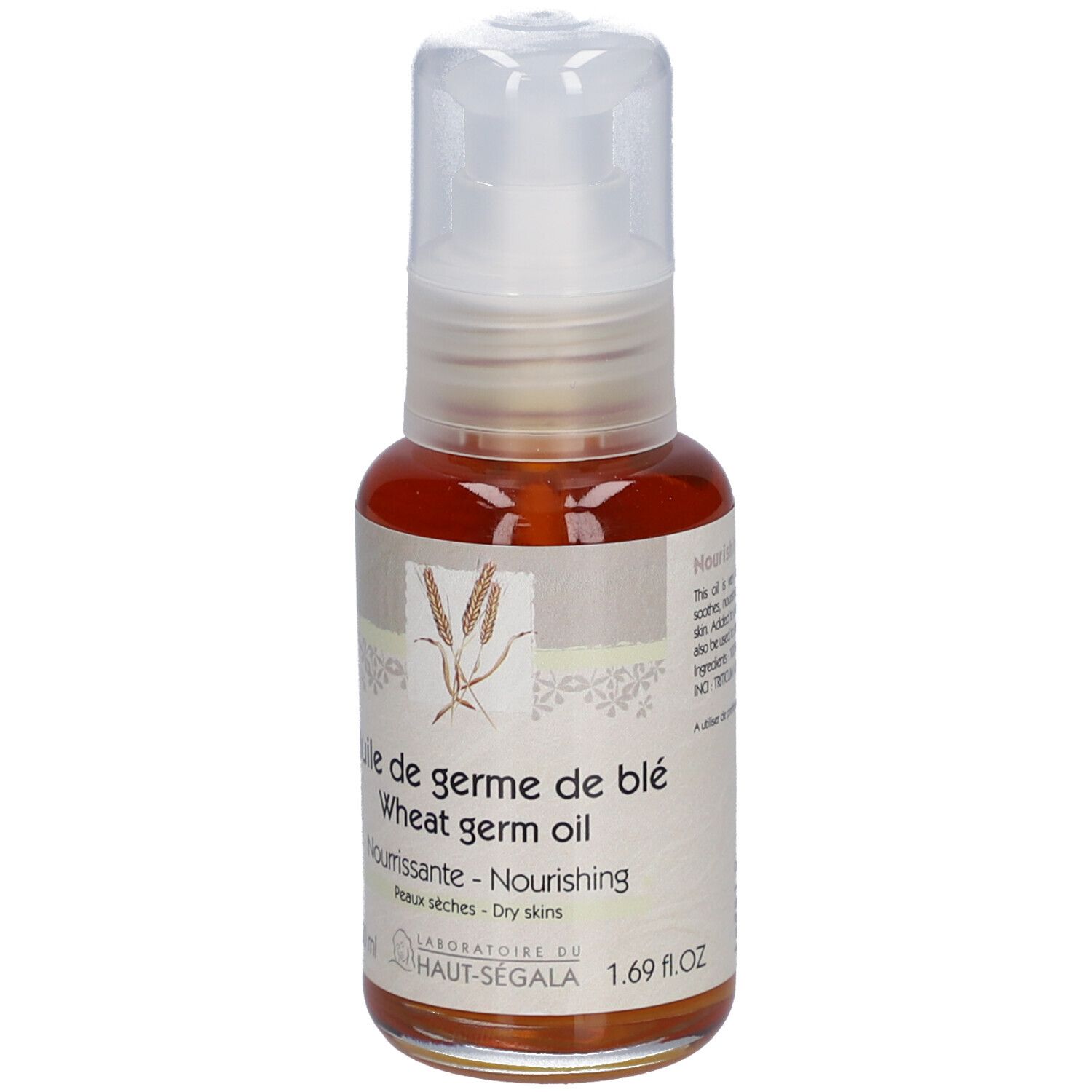 Fles tarwekiemolie met pomp. Opschrift: Huile de germe de blé, Wheat germ oil, Nourrissante, Peaux sèches. Laboratoire du Haut-Ségala.