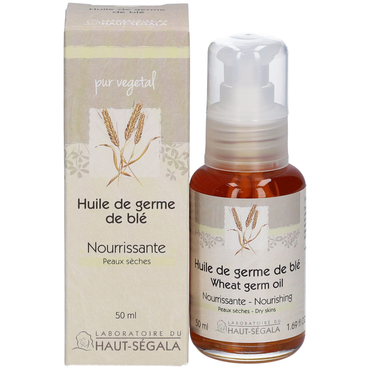 Fles en doosje tarwekiemolie. Opschrift: Huile de germe de blé, Nourrissante, Peaux sèches. Laboratoire du Haut-Ségala.