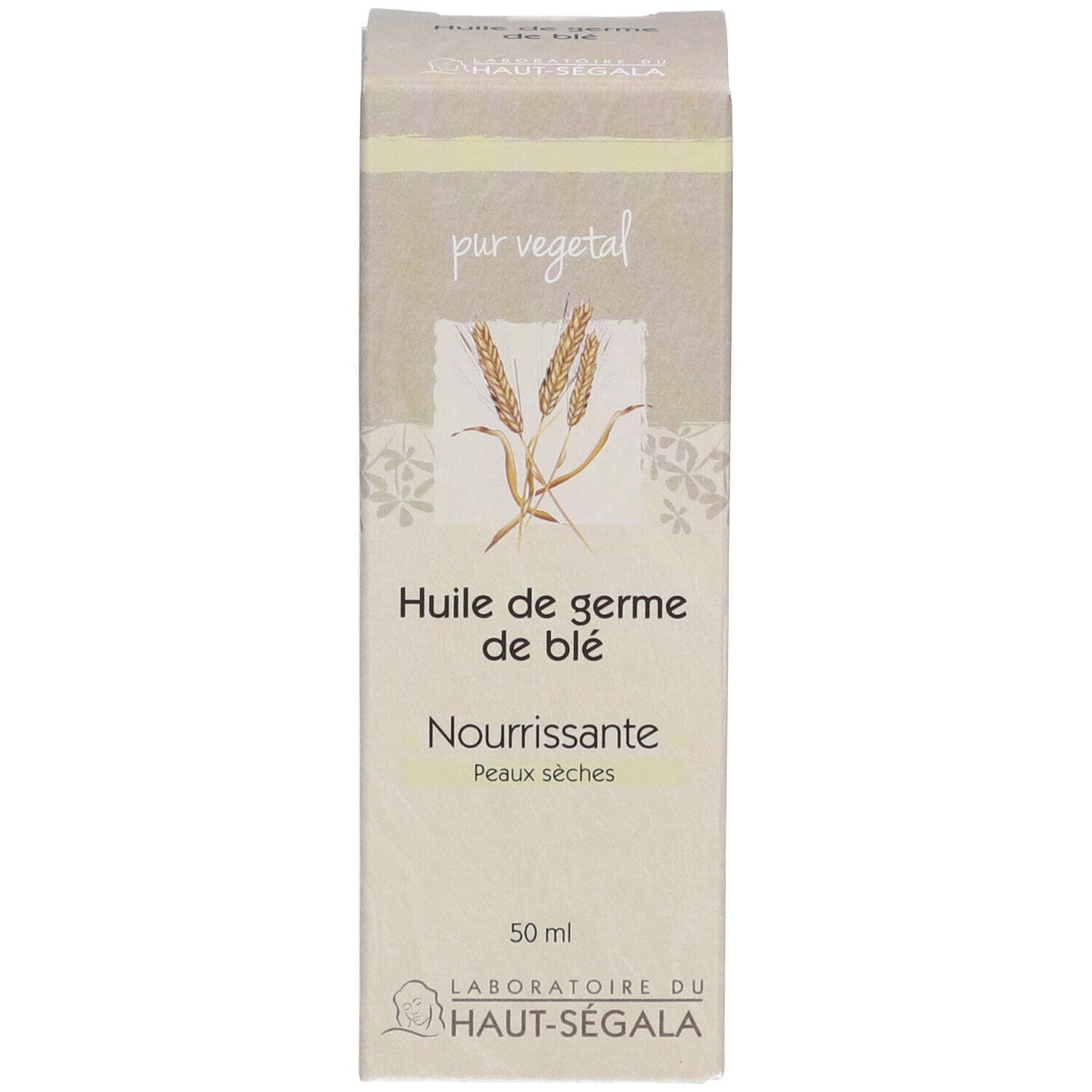 Doosje tarwekiemolie. Opschrift: Huile de germe de blé, Nourrissante, Peaux sèches. Laboratoire du Haut-Ségala.