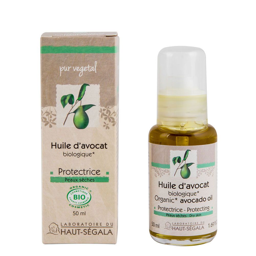 Fles en doosje avocado-olie. Opschrift: Huile d'avocat biologique, Protectrice, Peaux sèches. Bio-certificering.