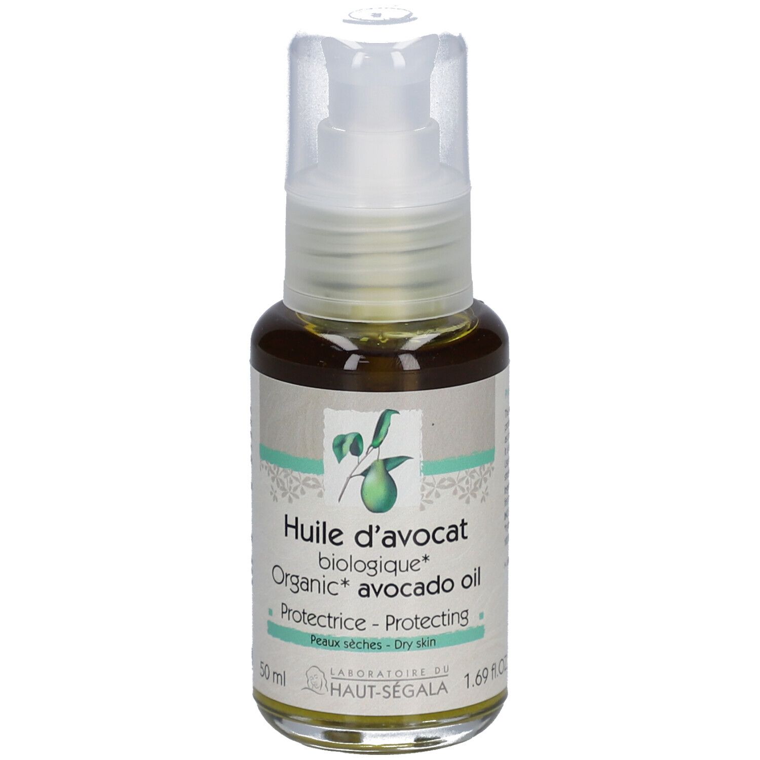 Fles avocado-olie met spraykop. Opschrift: Huile d'avocat biologique, Protectrice, Peaux sèches. Bio-certificering.