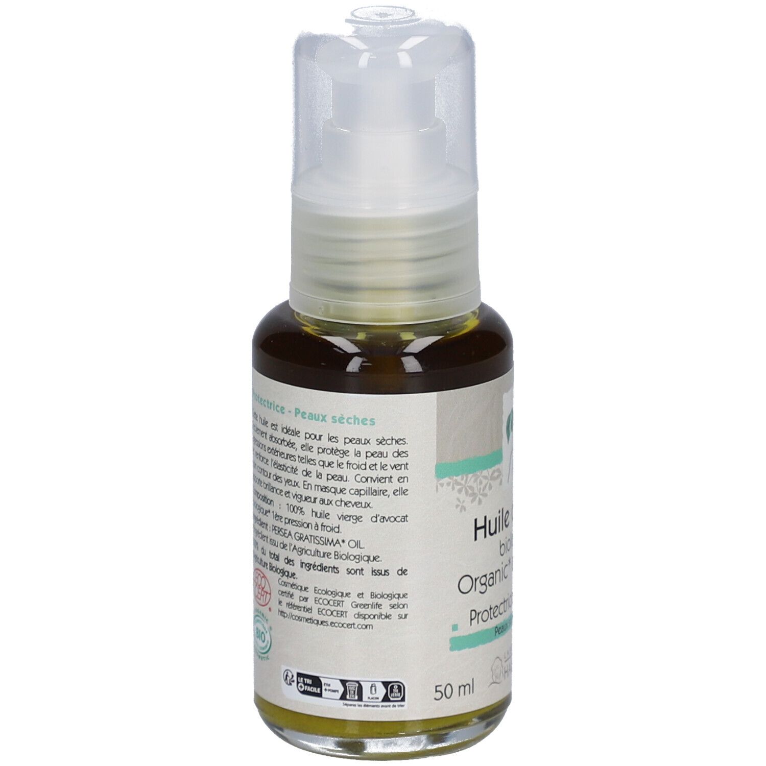 Achterkant van de avocado-oliefles. Tekst: Huile d'avocat biologique, Protectrice, Peaux sèches. Ingrediënten, gebruiksaanwijzing, certificeringen.