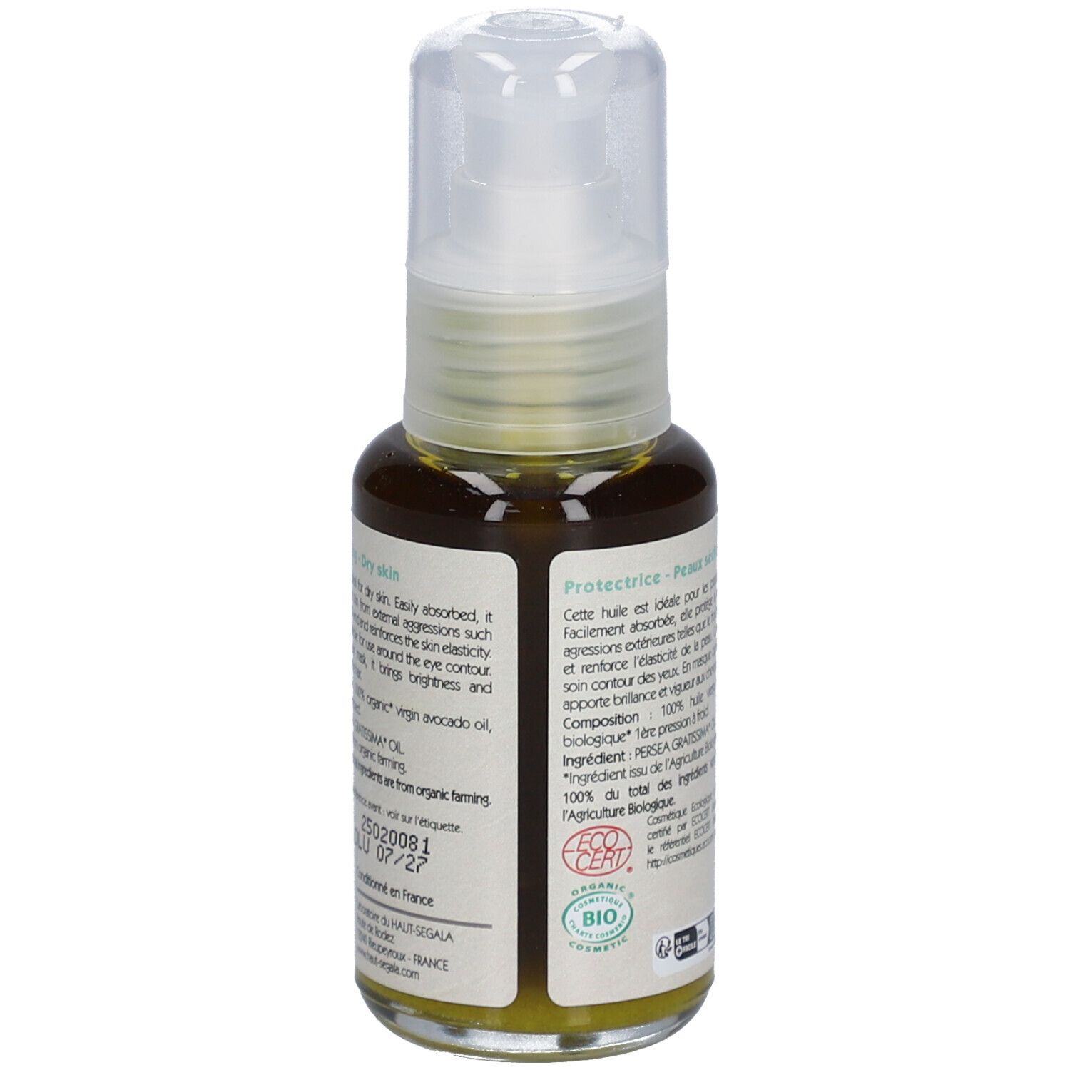 Achterkant van de avocado-oliefles. Tekst: Huile d'avocat biologique, Protectrice, Peaux sèches. Ingrediënten, gebruiksaanwijzing, certificeringen.
