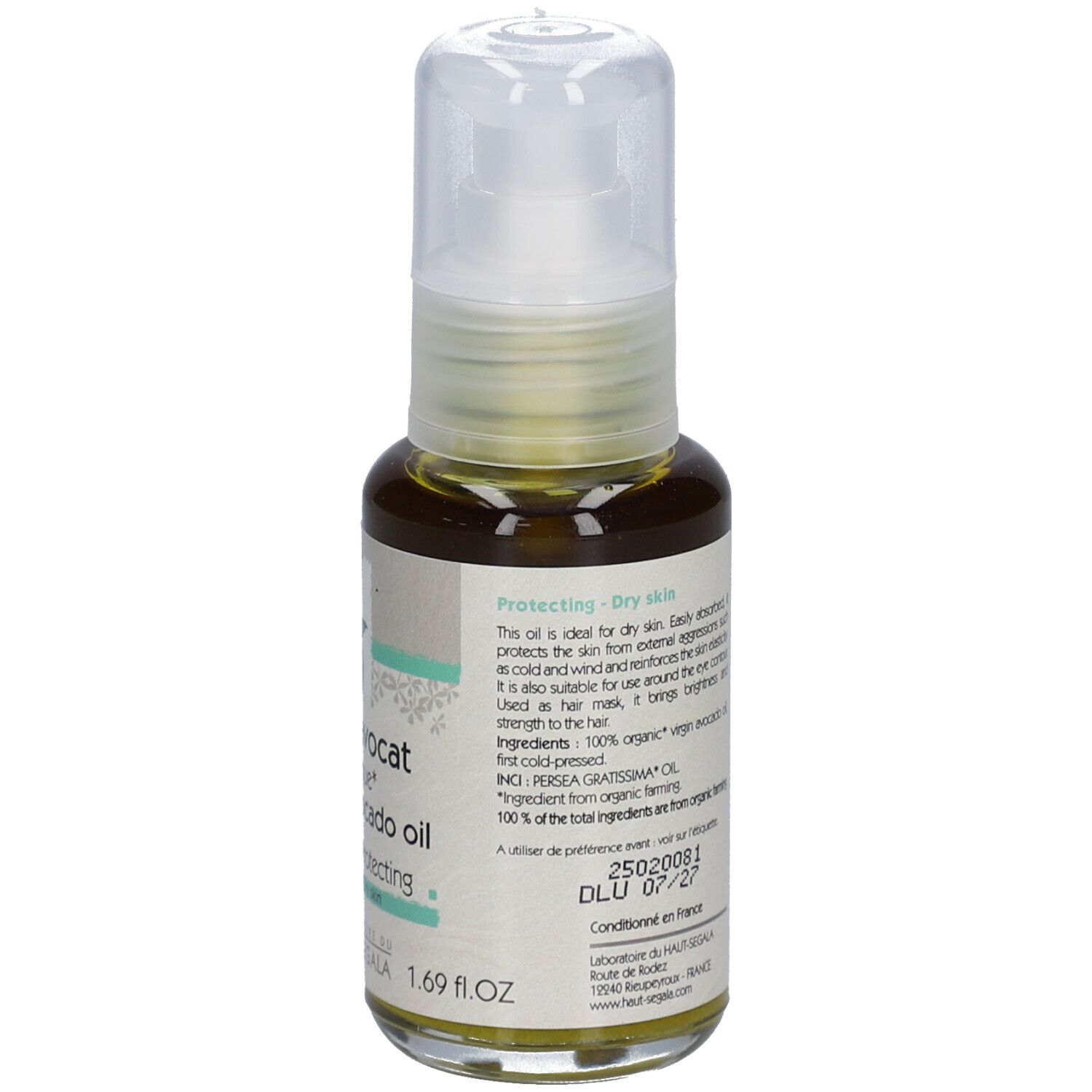 Achterkant van de avocado-oliefles. Tekst: Huile d'avocat biologique, Protectrice, Peaux sèches. Ingrediënten, gebruiksaanwijzing, certificeringen.