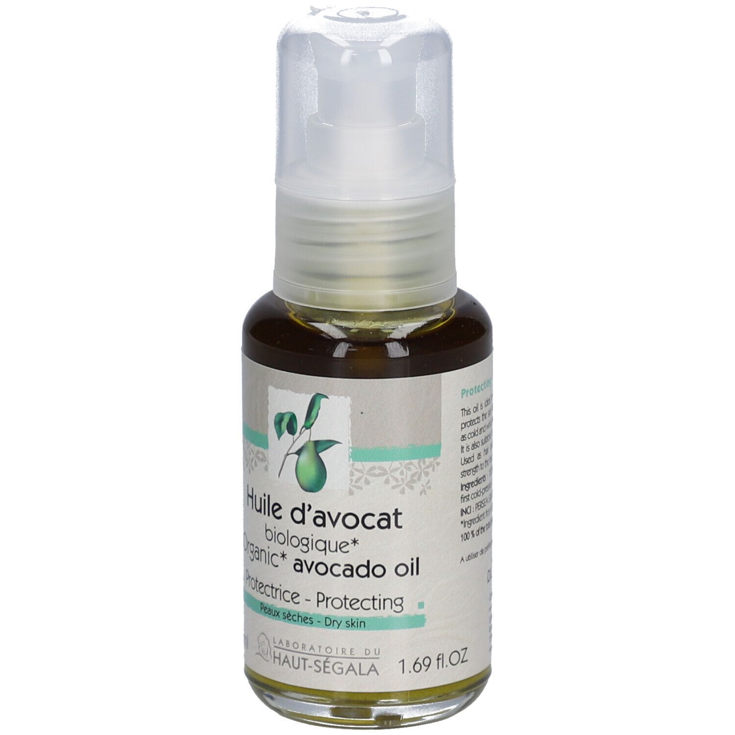 Fles avocado-olie met spraykop. Opschrift: Huile d'avocat biologique, Protectrice, Peaux sèches. Bio-certificering.
