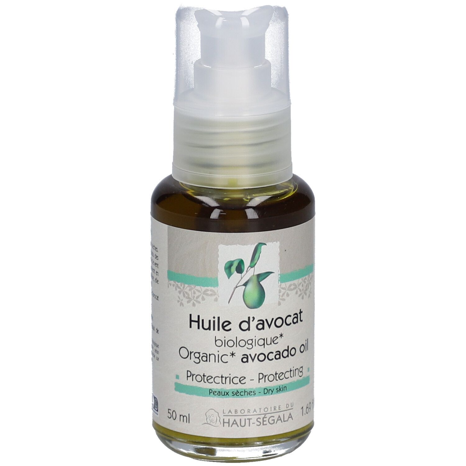 Fles avocado-olie met spraykop. Opschrift: Huile d'avocat biologique, Protectrice, Peaux sèches. Bio-certificering.