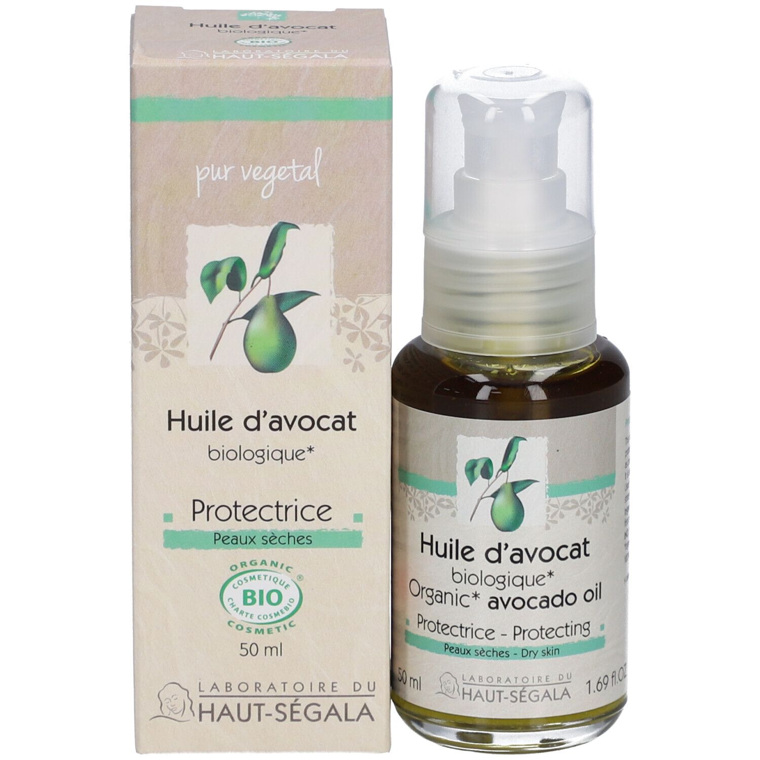 Fles en doosje avocado-olie. Opschrift: Huile d'avocat biologique, Protectrice, Peaux sèches. Bio-certificering.