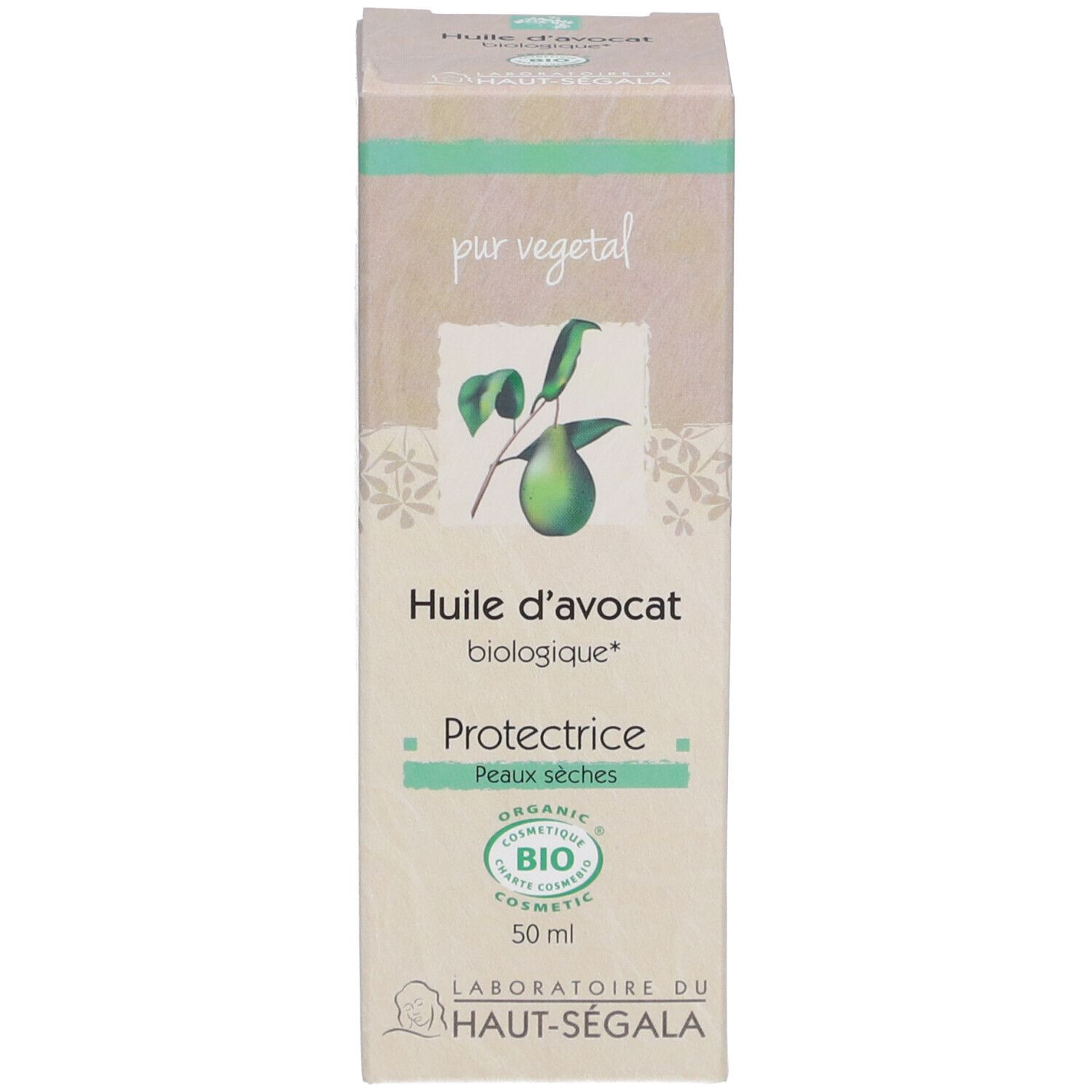 Doosje avocado-olie. Opschrift: Huile d'avocat biologique, Protectrice, Peaux sèches. Bio-certificering.