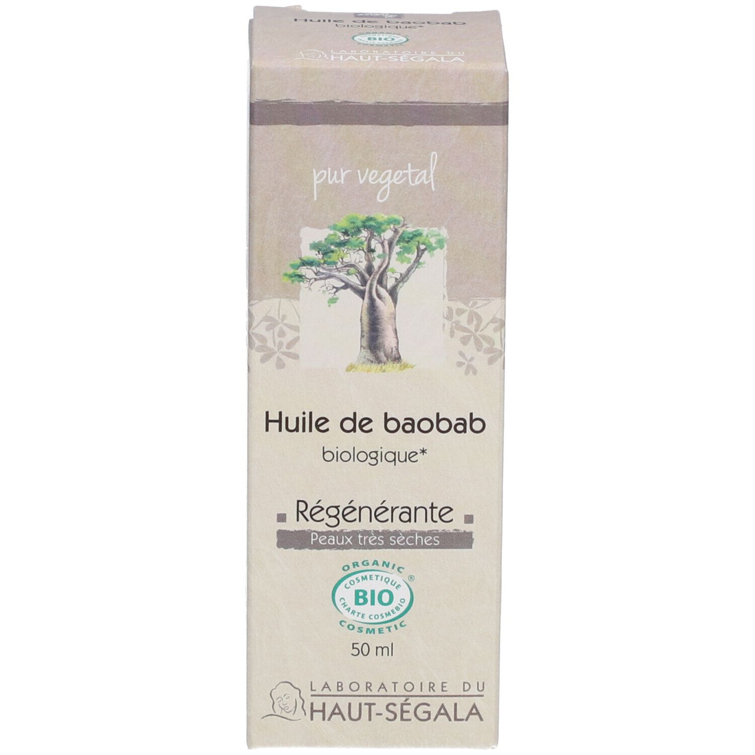 Étui avec inscription: Huile de Baobab biologique, Régénérante, Peaux très sèches. Certification BIO. Logo.