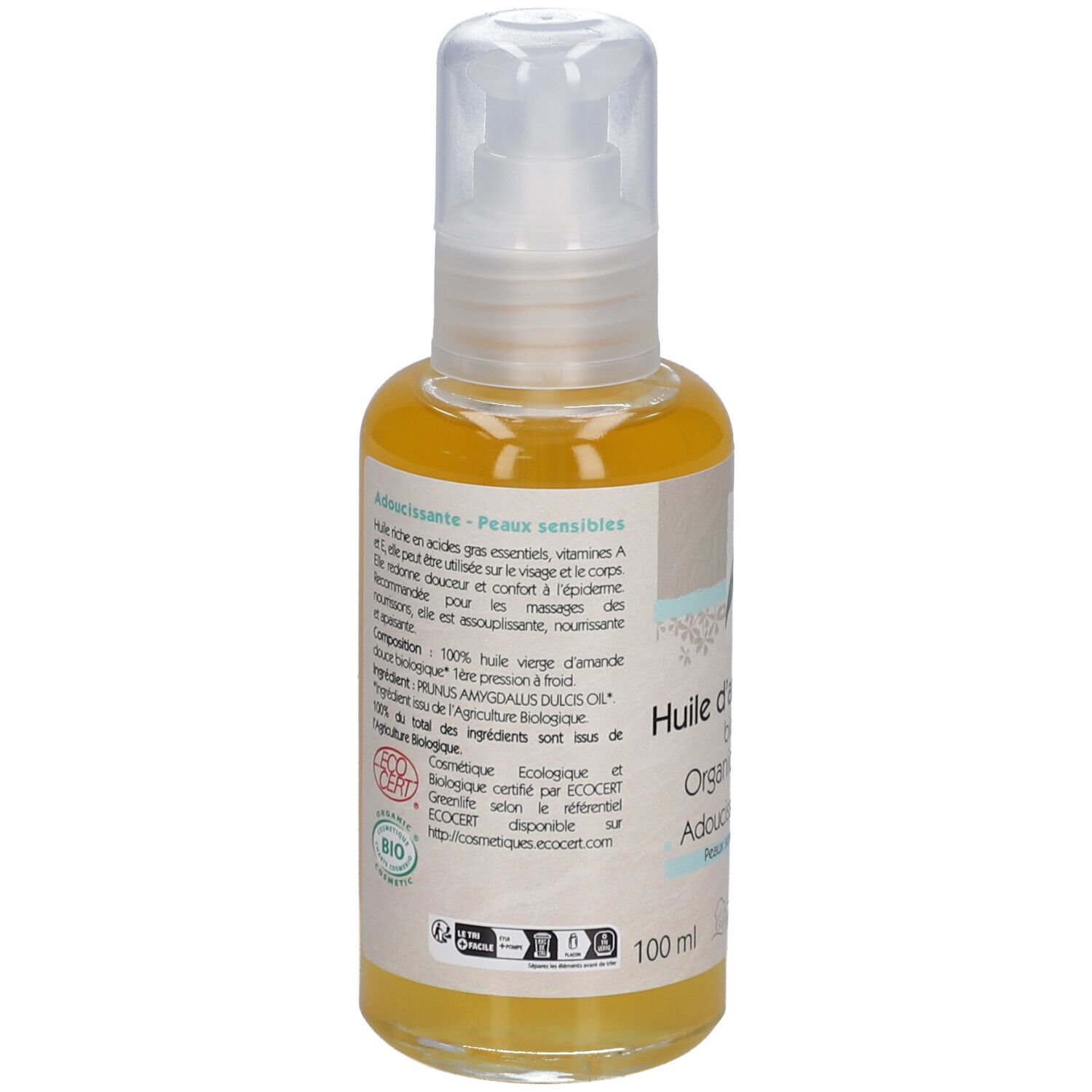 Dos du flacon d'huile d'amande douce biologique. Inscription: Huile d'amande douce biologique, Adoucissante, Peaux sensibles. Certification Bio. 100 ml.