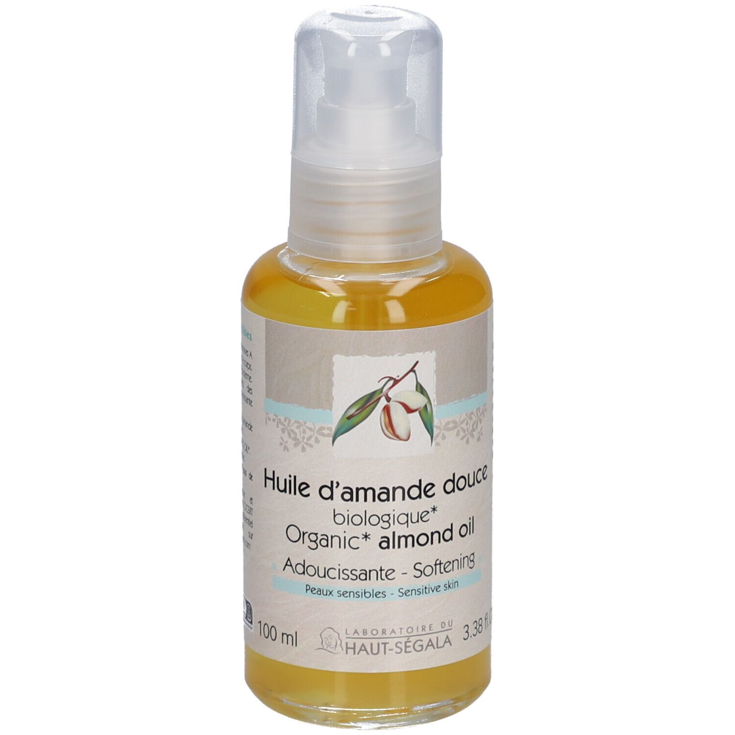 Dos du flacon d'huile d'amande douce biologique. Inscription: Huile d'amande douce biologique, Adoucissante, Peaux sensibles. Certification Bio. 100 ml.