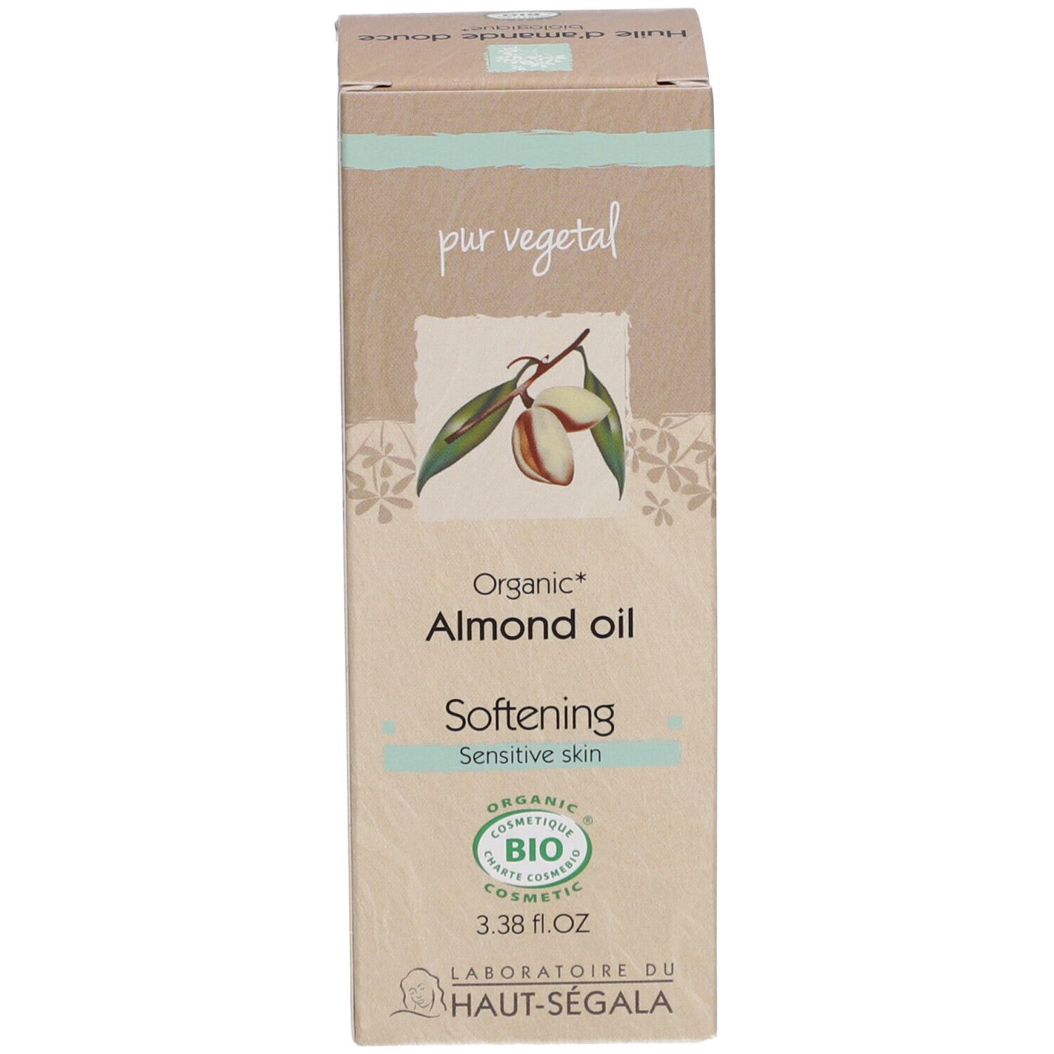 Boîte avec inscription: Organic Almond oil, Softening, Sensitive skin. Certification Bio. Laboratoire du Haut-Ségala.