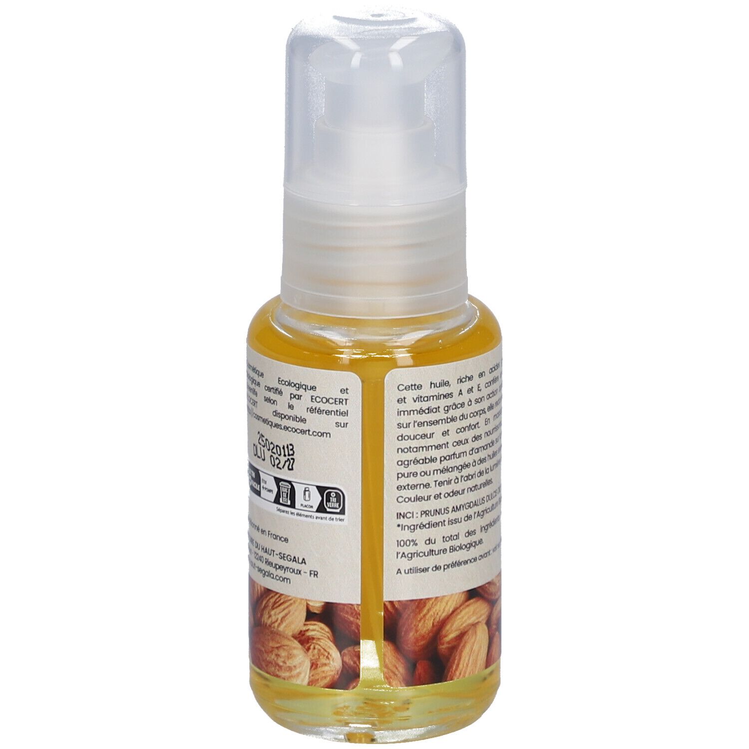 Olie fles met pomp. Tekst op achterkant. Amandel. Opschrift: Huile d'amande douce biologique.