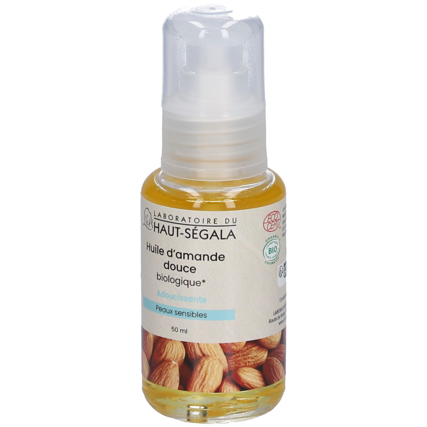 Olie fles met pomp. Opschrift: Huile d'amande douce biologique, Adoucissante, Peaux sensibles. Bio-label.