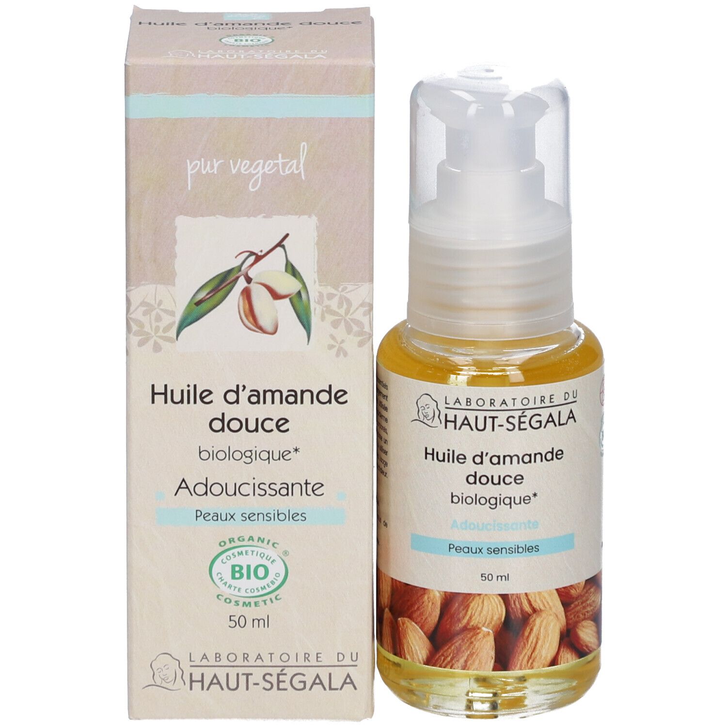 Olie fles en doos. Opschrift: Huile d'amande douce biologique, Adoucissante, Peaux sensibles. Bio-label.