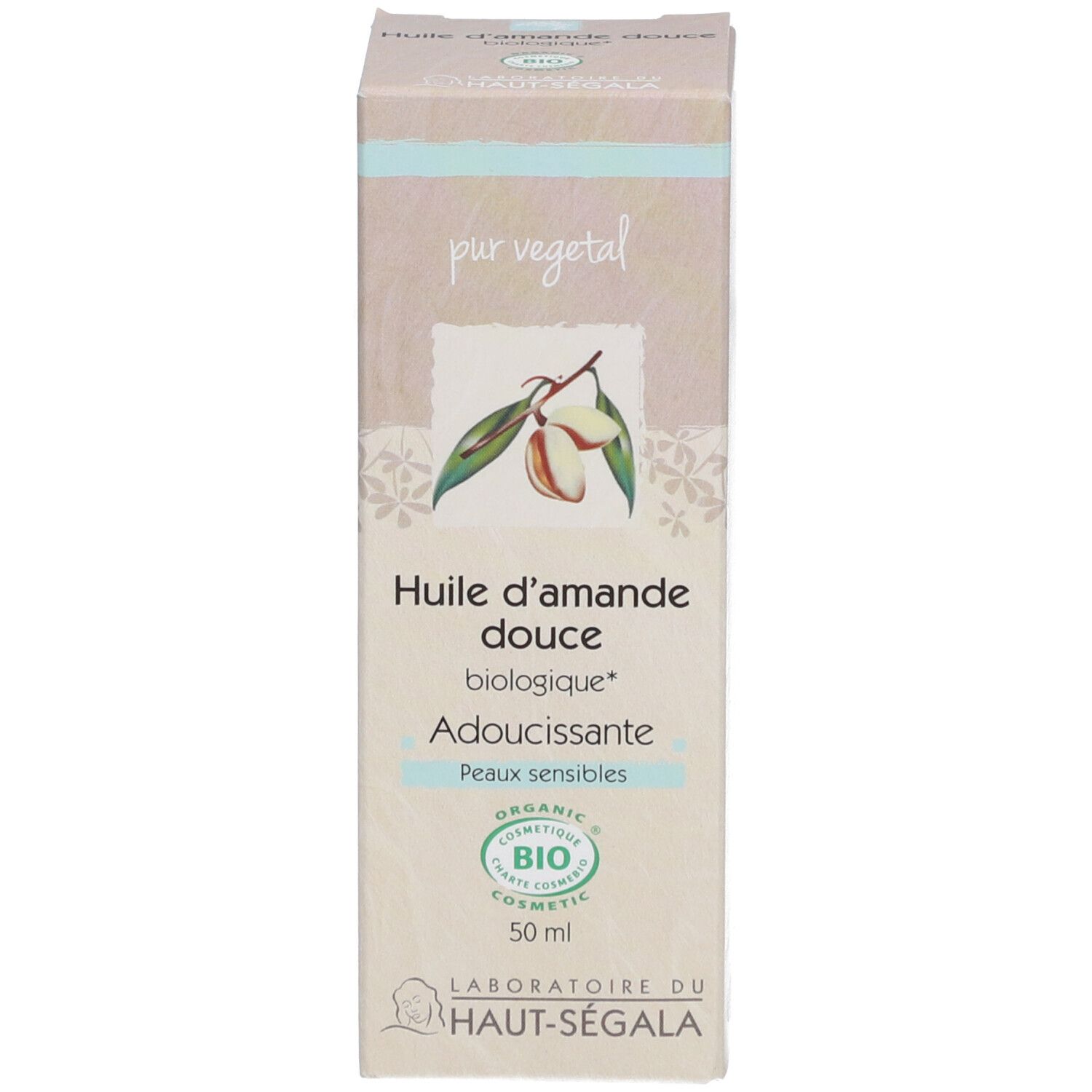 Doos. Opschrift: Huile d'amande douce biologique, Adoucissante, Peaux sensibles. Bio-label. 50 ml.