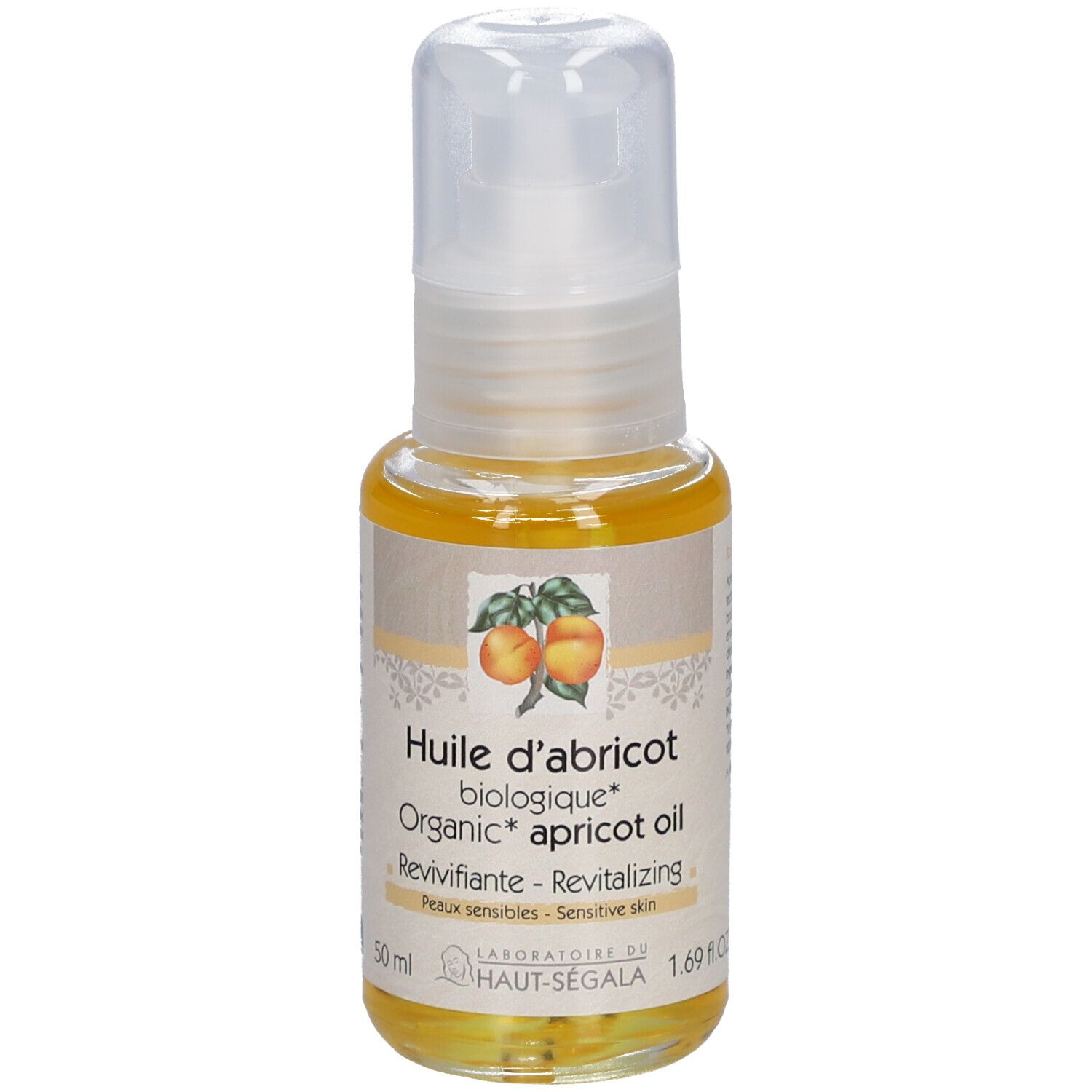 Flesje abrikozenolie met dispenser. Opschrift: Huile d'abricot biologique, Revivifiante, Peaux sensibles. 50 ml.