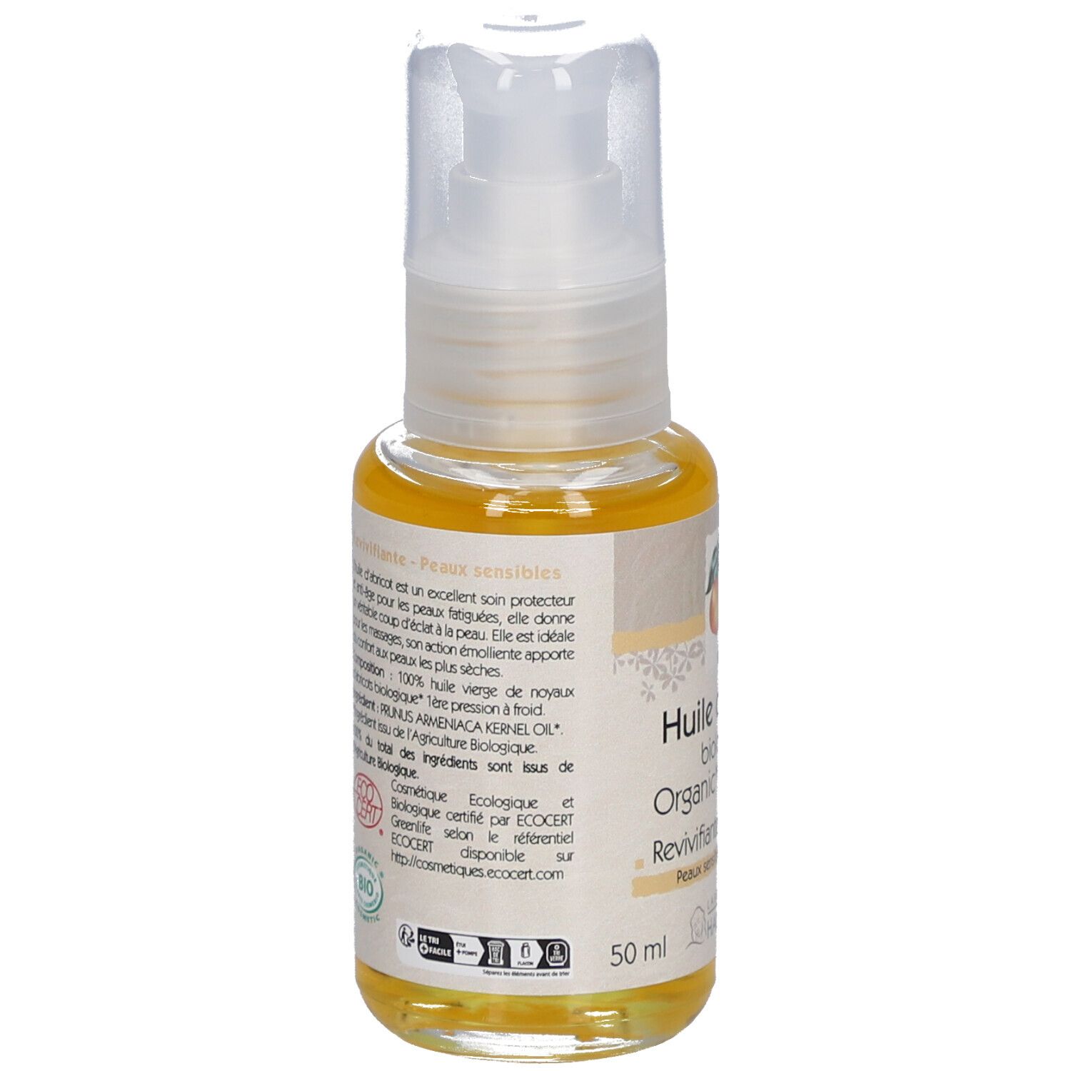 Achterkant van het flesje abrikozenolie. Opschrift: Huile d'abricot biologique, Revivifiante, Peaux sensibles. 50 ml.