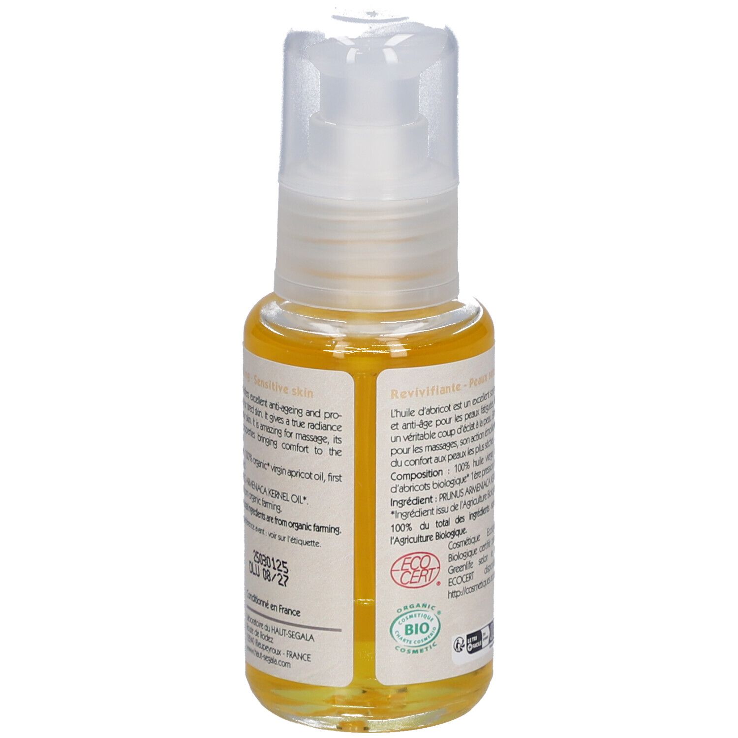 Achterkant van het flesje abrikozenolie. Opschrift: Huile d'abricot biologique, Revivifiante, Peaux sensibles. 50 ml.