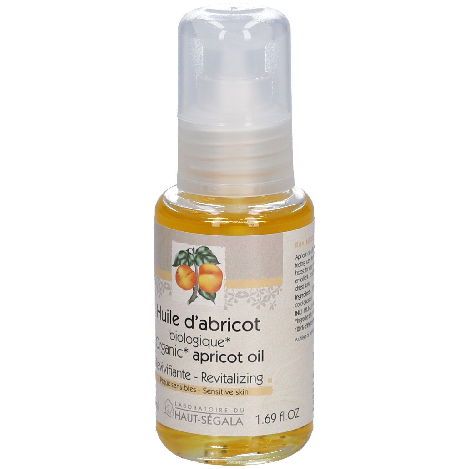 Flesje abrikozenolie met dispenser. Opschrift: Huile d'abricot biologique, Revivifiante, Peaux sensibles. 50 ml.