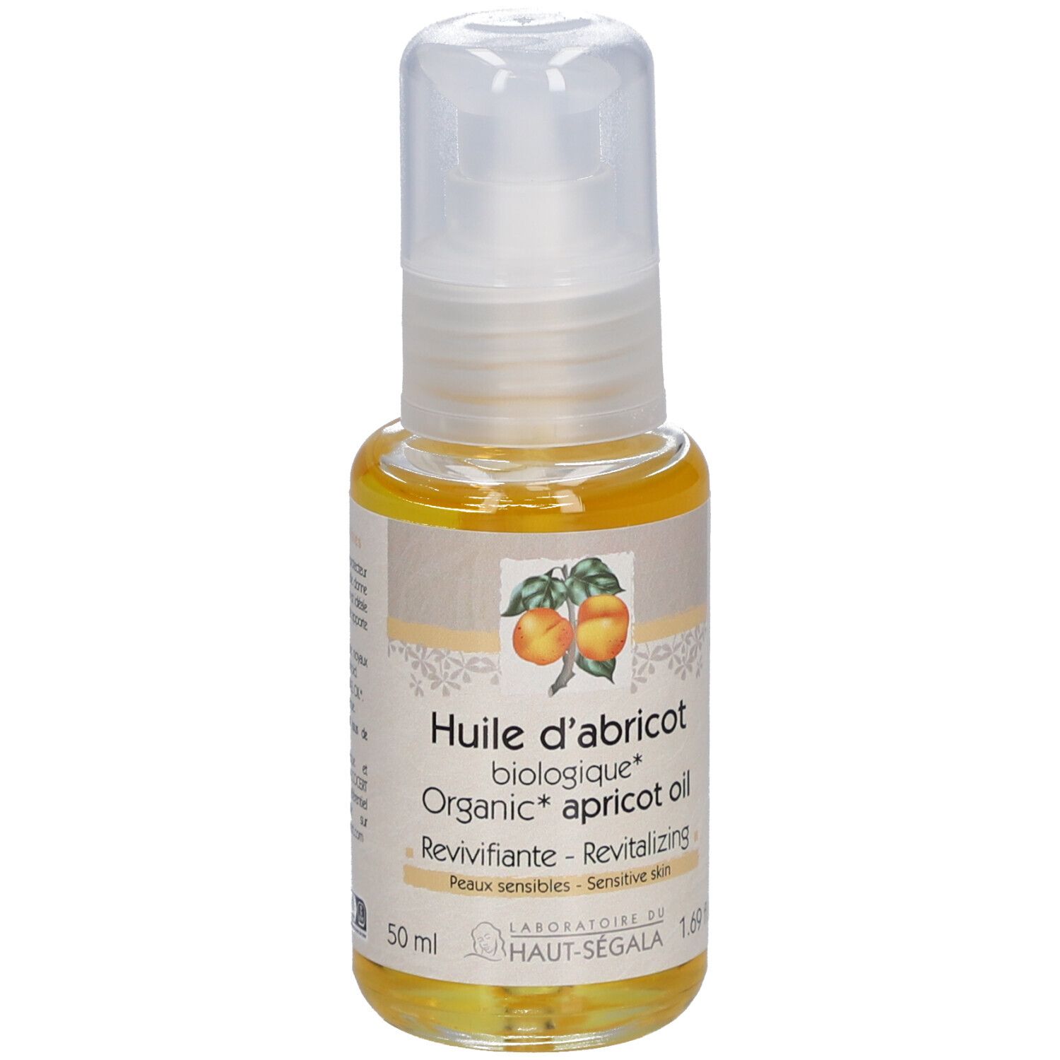 Flesje abrikozenolie met dispenser. Opschrift: Huile d'abricot biologique, Revivifiante, Peaux sensibles. 50 ml.