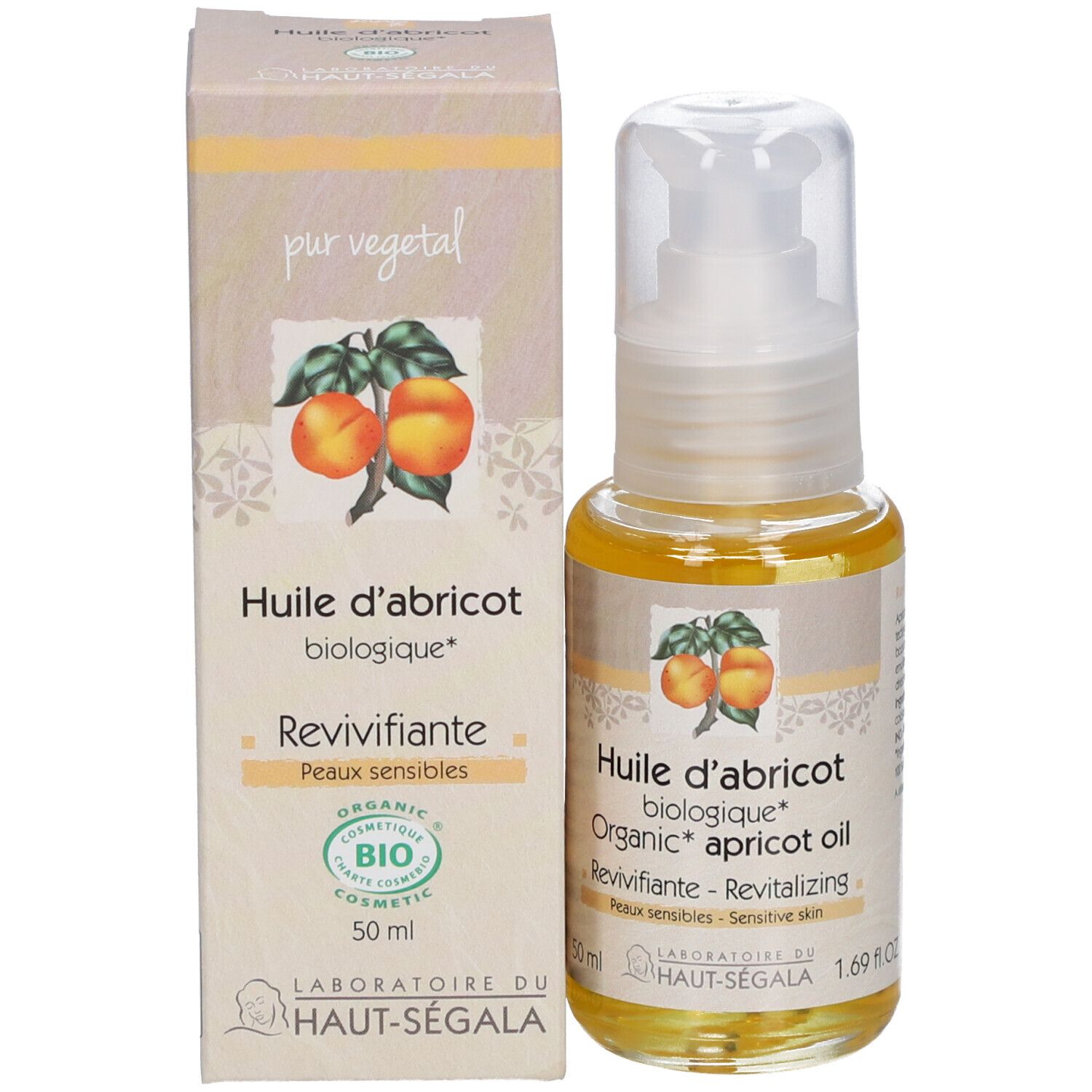 Flesje abrikozenolie met dispenser en doos. Opschrift: Huile d'abricot biologique, Revivifiante, Peaux sensibles. 50 ml.