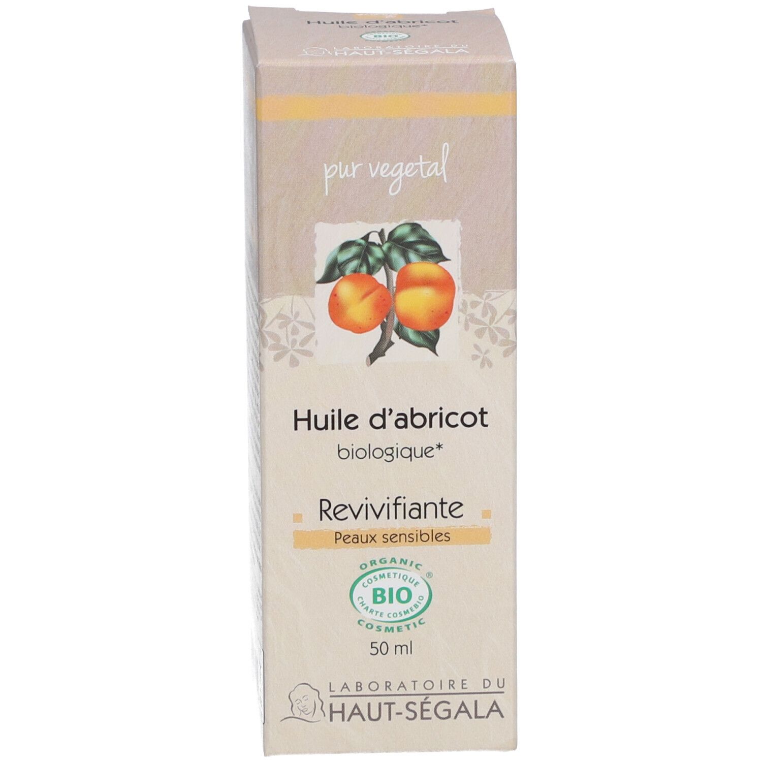 Doosje abrikozenolie. Opschrift: Huile d'abricot biologique, Revivifiante, Peaux sensibles. 50 ml.