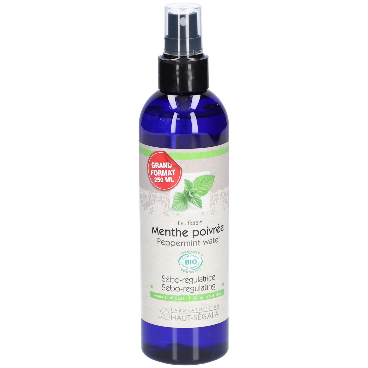 Flacon bleu avec vaporisateur. Étiquette : Menthe poivrée, Peppermint water, certification Bio. Marque : Laboratoire du Haut-Ségala.