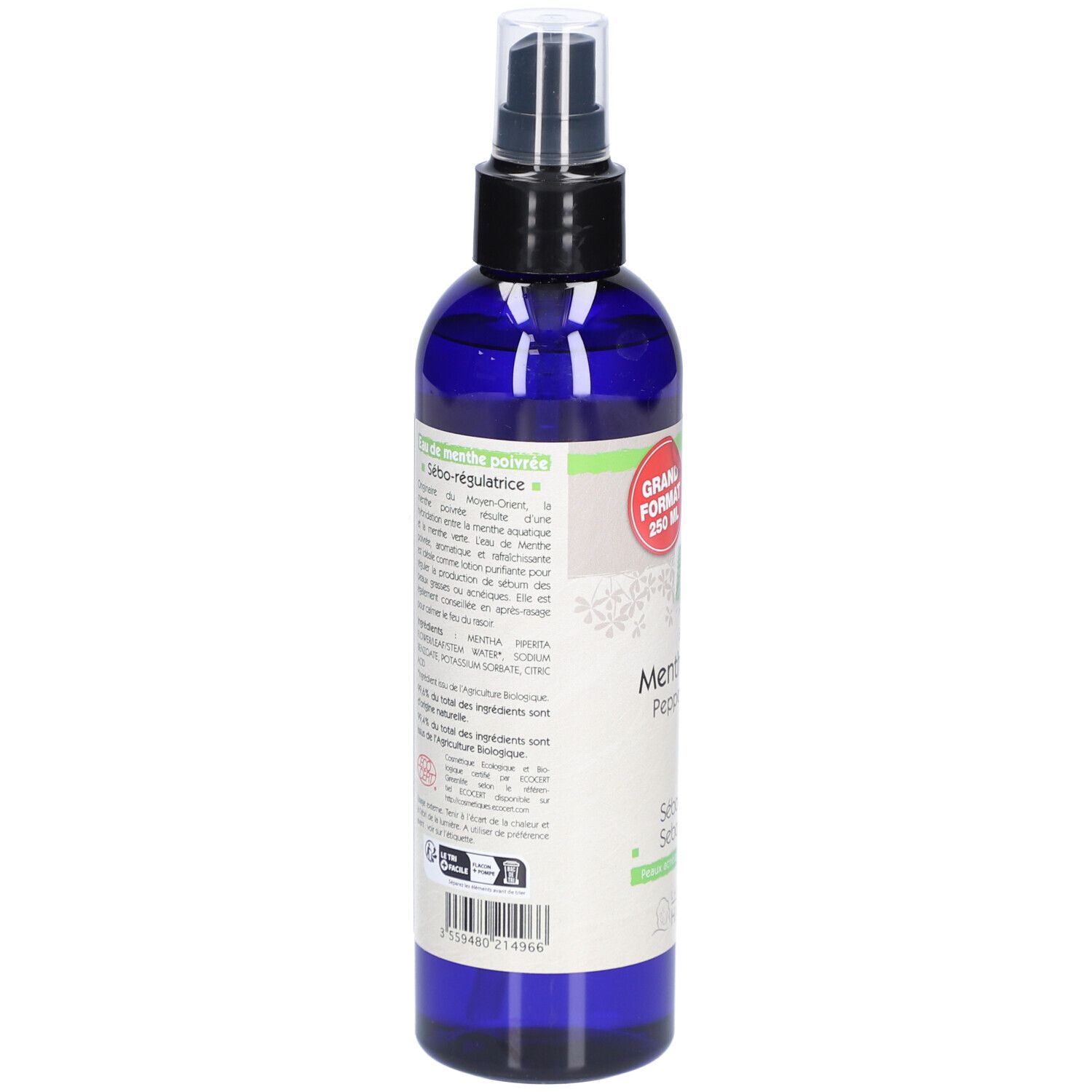 Dos du flacon bleu. Étiquette avec texte et certifications. Marque : Laboratoire du Haut-Ségala. Grand Format 250 ml.