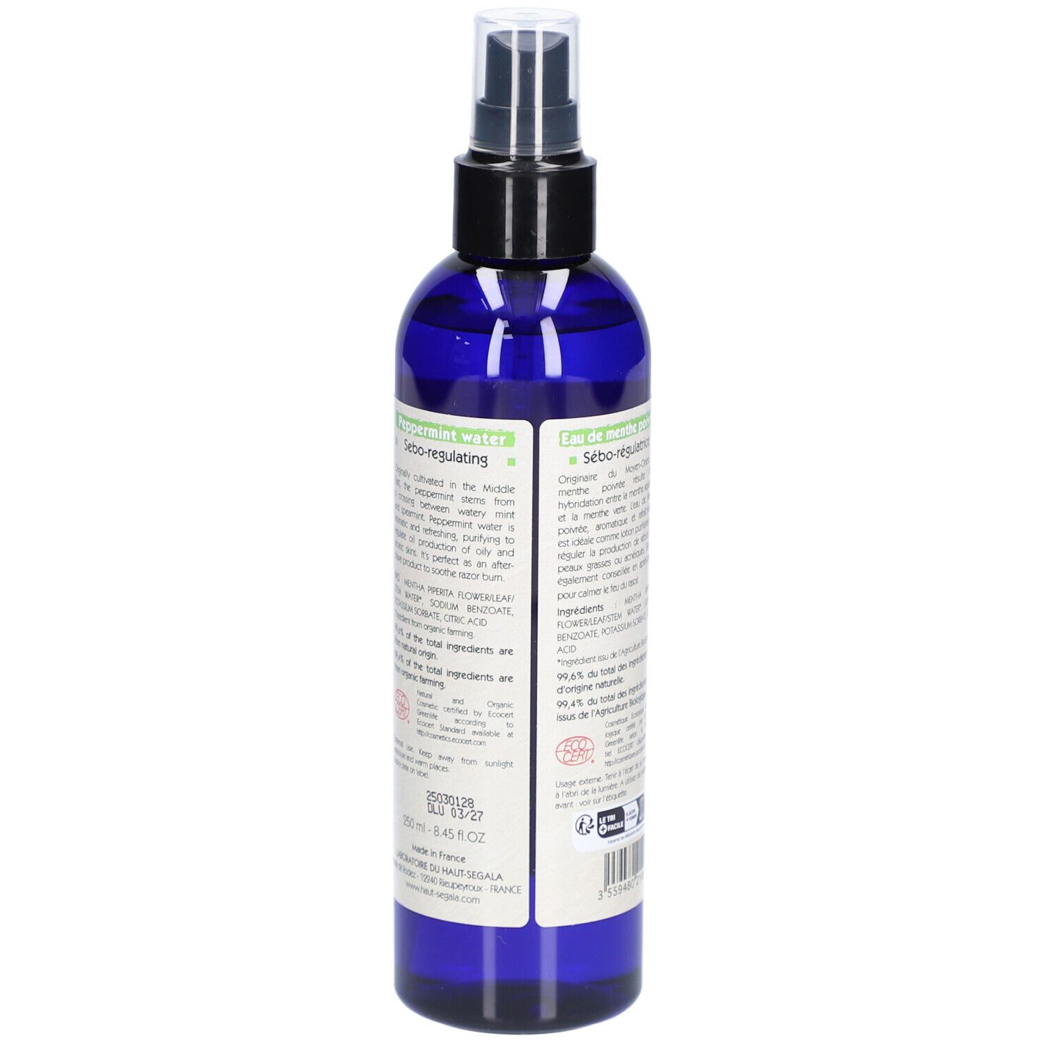 Dos du flacon bleu. Étiquette avec texte et certifications. Marque : Laboratoire du Haut-Ségala. Grand Format 250 ml.