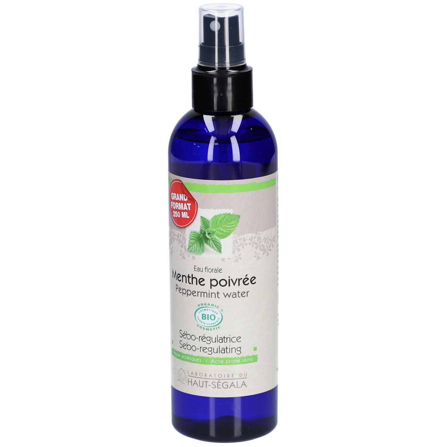 Flacon bleu avec vaporisateur. Étiquette : Menthe poivrée, Peppermint water, certification Bio. Marque : Laboratoire du Haut-Ségala.