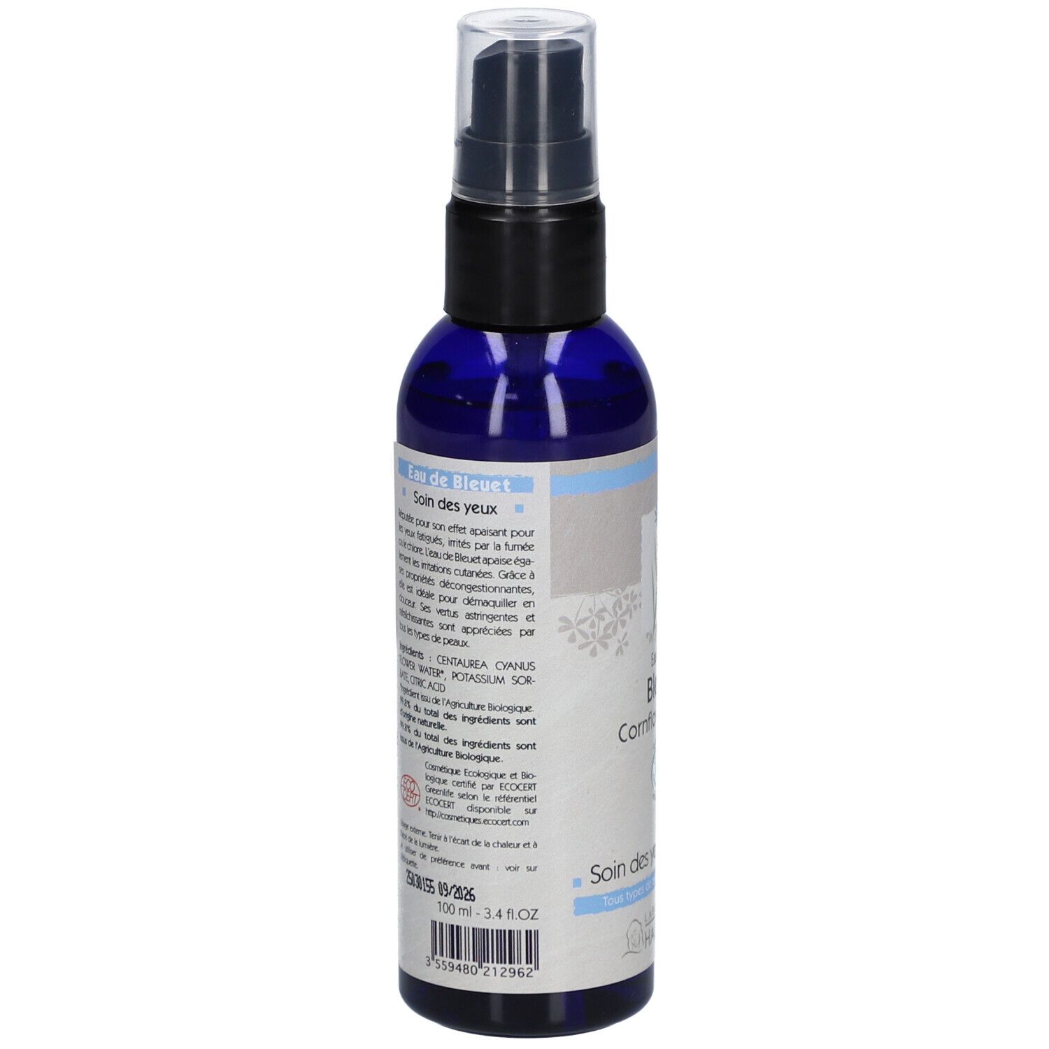 Blauwe fles met verstuiver. Achterkant met tekst. Ingrediënten, fabrikantinfo. Bio-certificering. Laboratoire du Haut-Ségala.