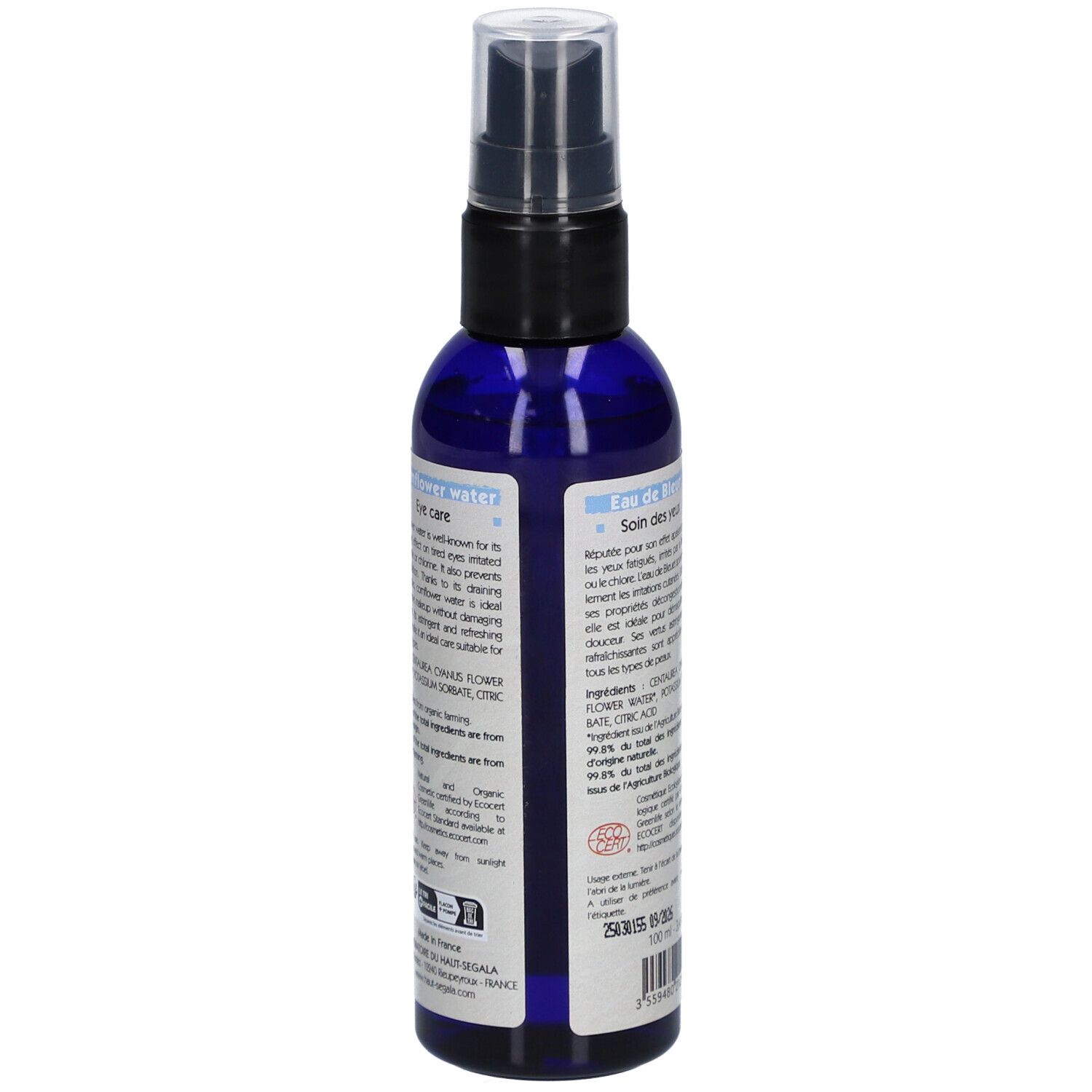 Blauwe fles met verstuiver. Achterkant met tekst. Ingrediënten, fabrikantinfo. Bio-certificering. Laboratoire du Haut-Ségala.