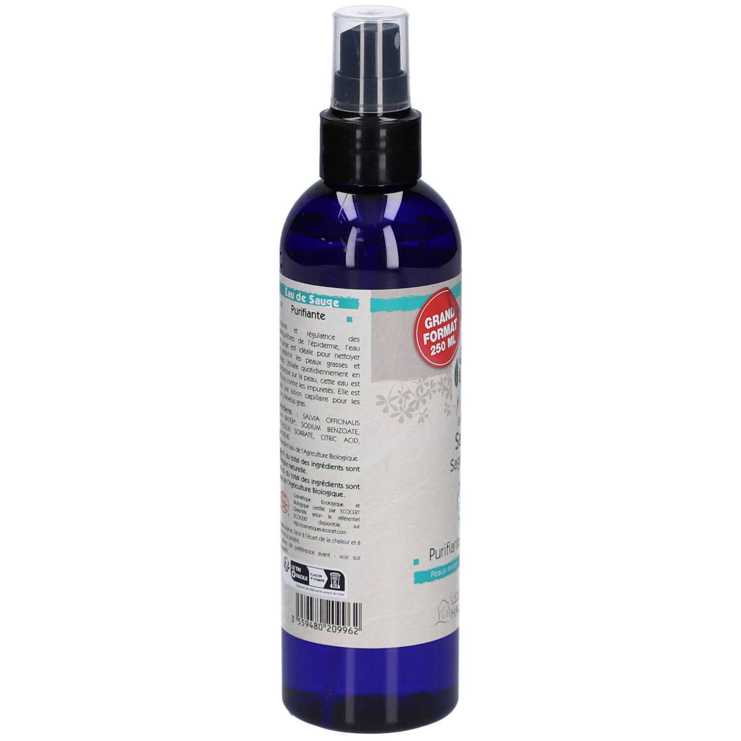 Vue arrière du flacon. Étiquette avec informations sur le produit, ingrédients et label bio.