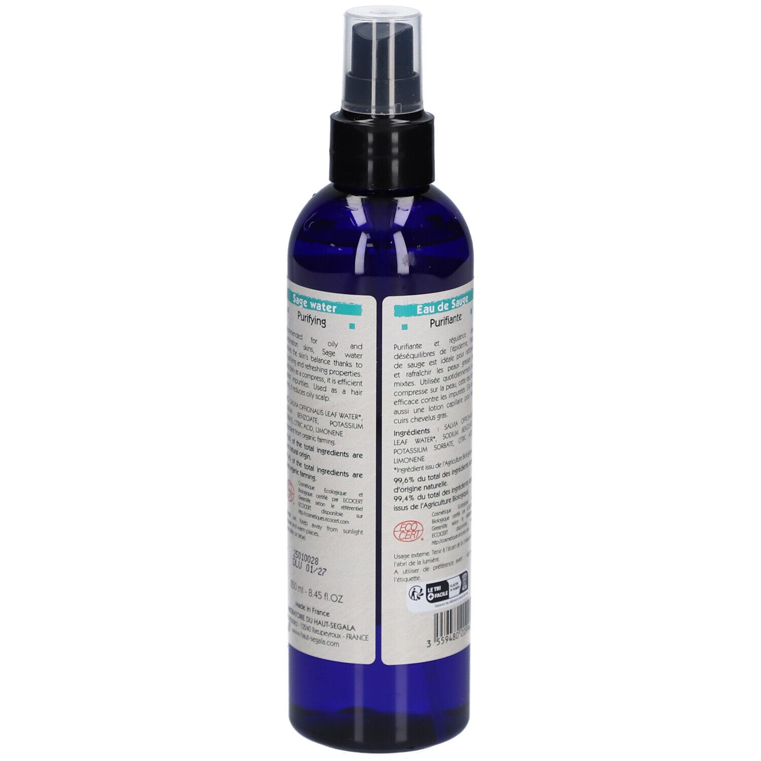 Vue arrière du flacon. Étiquette avec informations sur le produit, ingrédients et label bio.