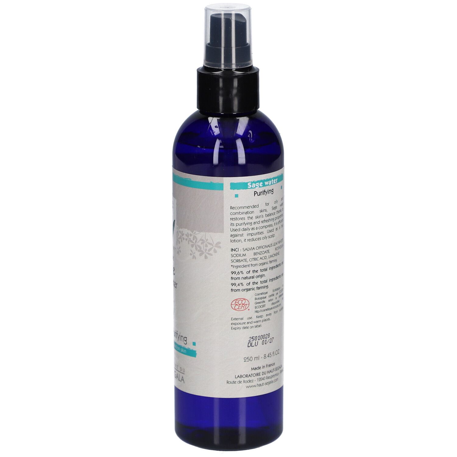 Vue arrière du flacon. Étiquette avec informations sur le produit, ingrédients et label bio.
