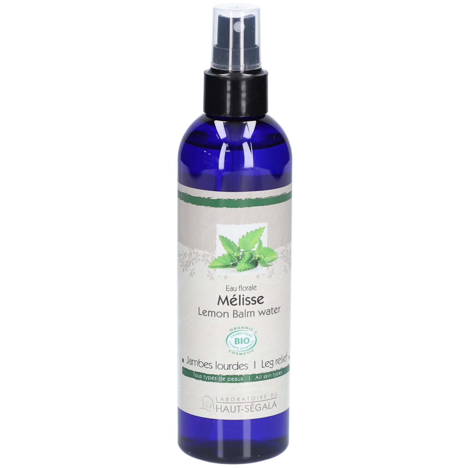 Blauwe spuitfles met etiket. Opschrift: Eau florale Mélisse, Lemon Balm water. Bio-certificering.