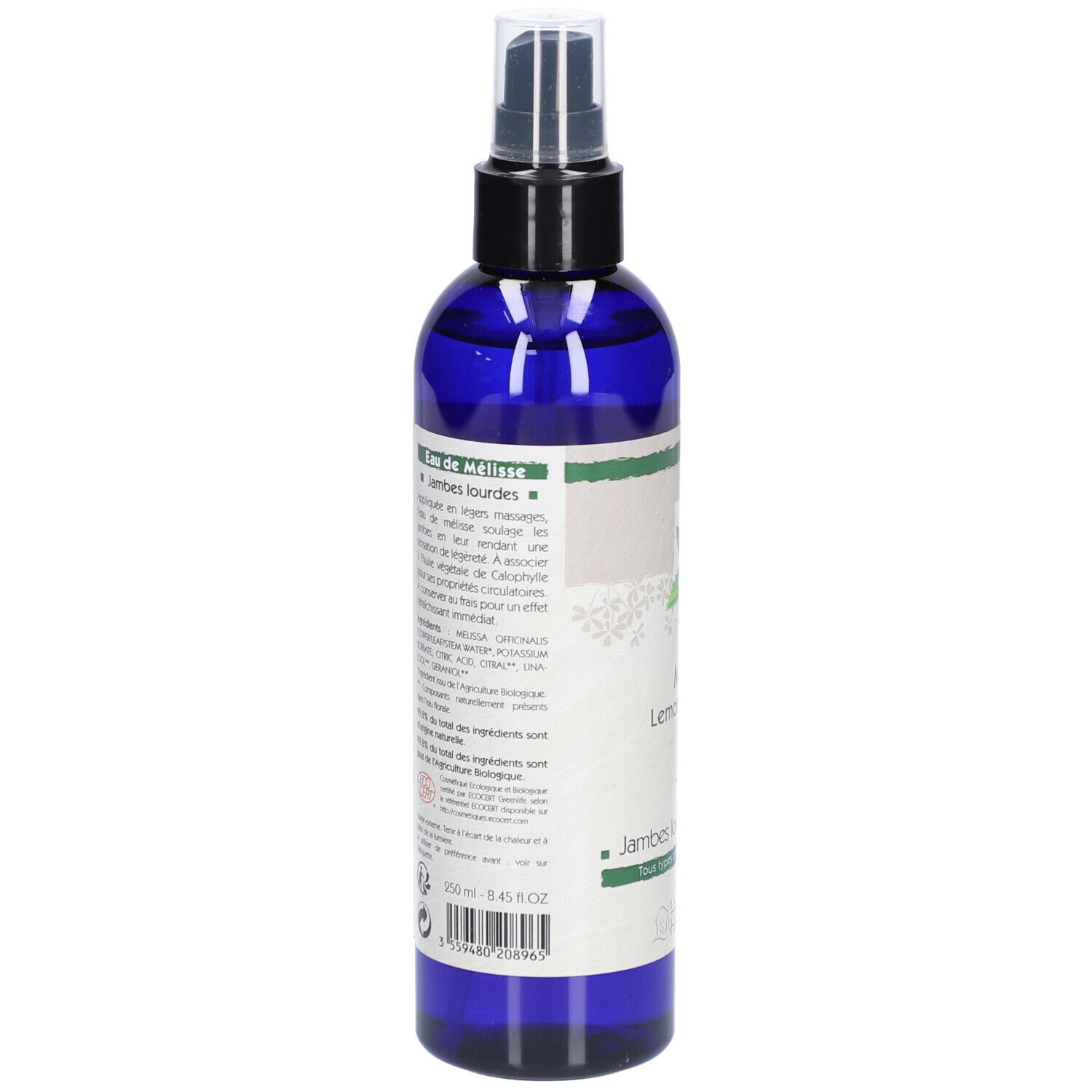Blauwe spuitfles met etiket. Opschrift: Eau florale Mélisse, Lemon Balm water. Bio-certificering.