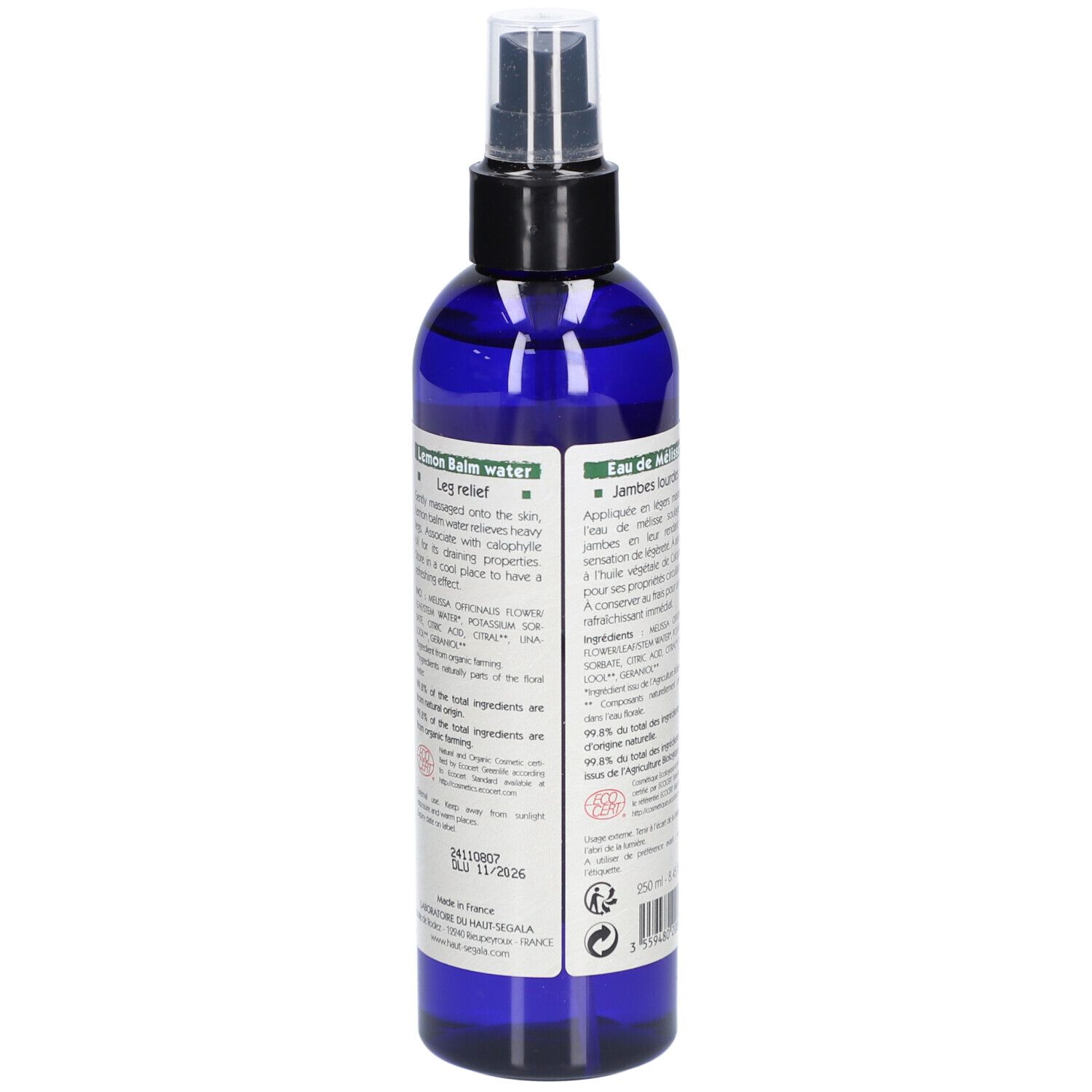 Blauwe spuitfles met etiket. Opschrift: Eau florale Mélisse, Lemon Balm water. Bio-certificering.