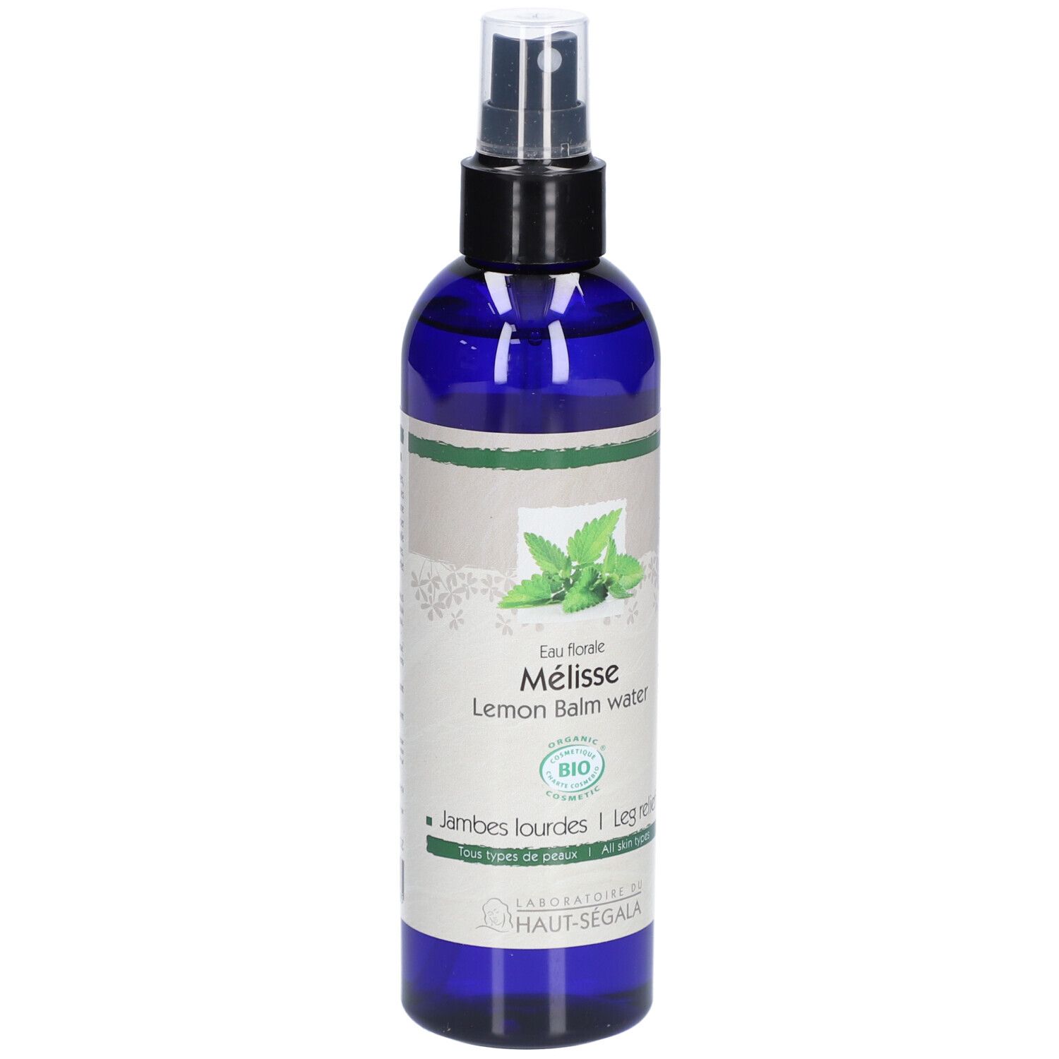 Blauwe spuitfles met etiket. Opschrift: Eau florale Mélisse, Lemon Balm water. Bio-certificering.