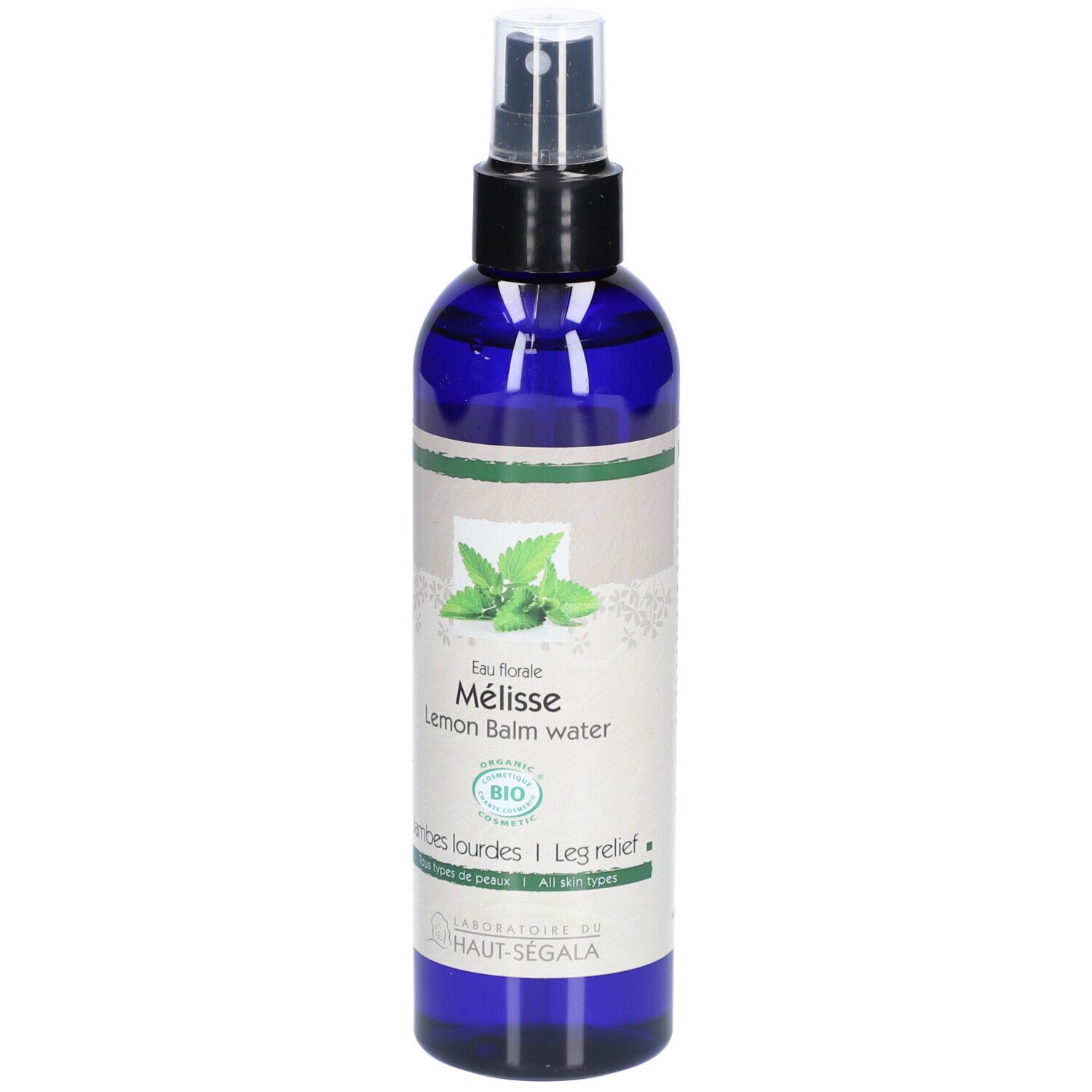 Blauwe spuitfles met etiket. Opschrift: Eau florale Mélisse, Lemon Balm water. Bio-certificering.