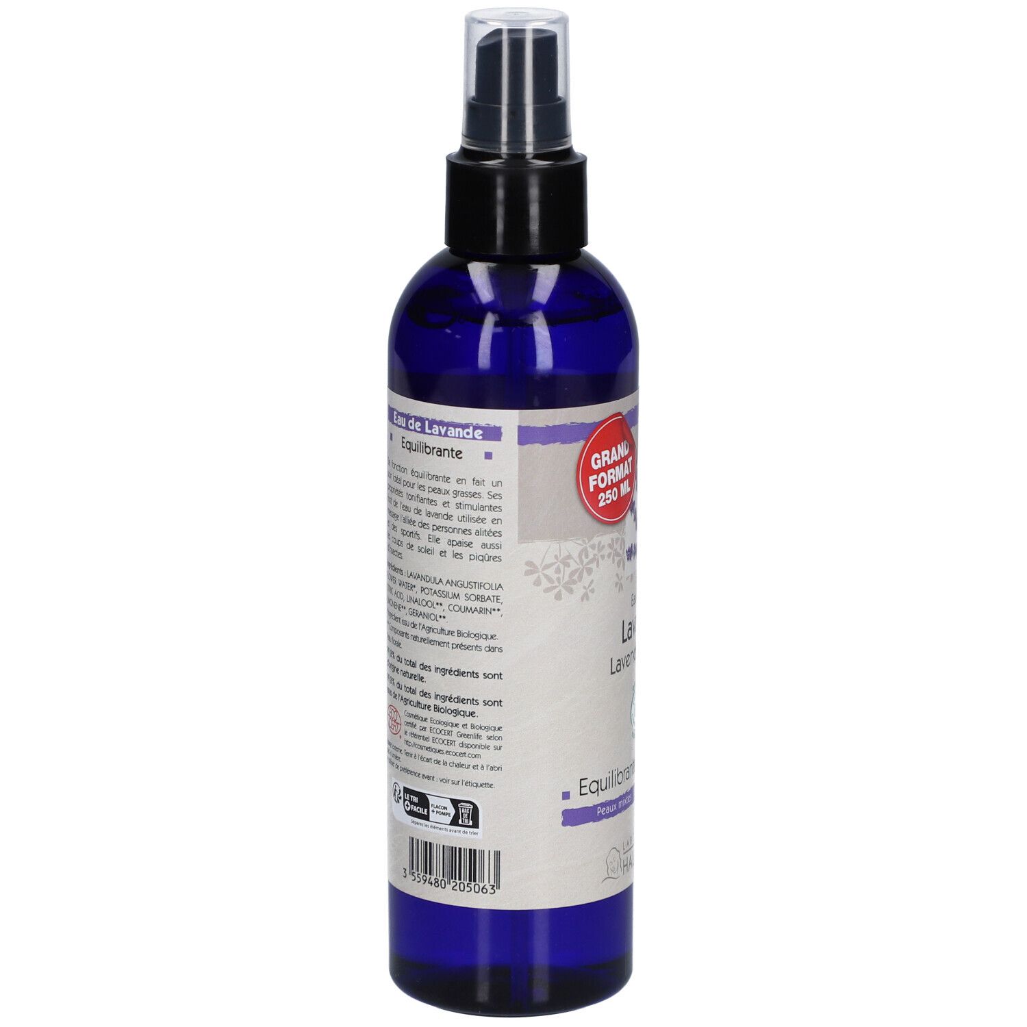 Dos du flacon pulvérisateur bleu. Texte: Eau de Lavande, ingrédients, certification bio, informations fabricant, code-barres.