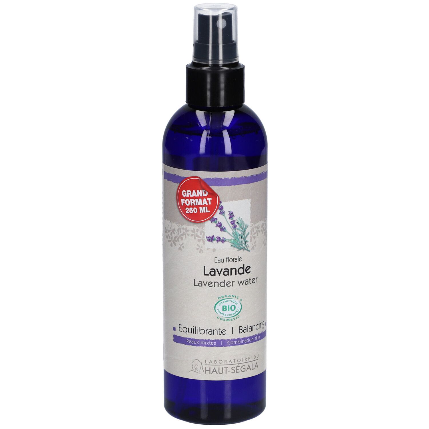 Flacon pulvérisateur bleu avec étiquette lavande. Inscription: Eau florale de lavande. Certification bio. Grand format 250 ml.